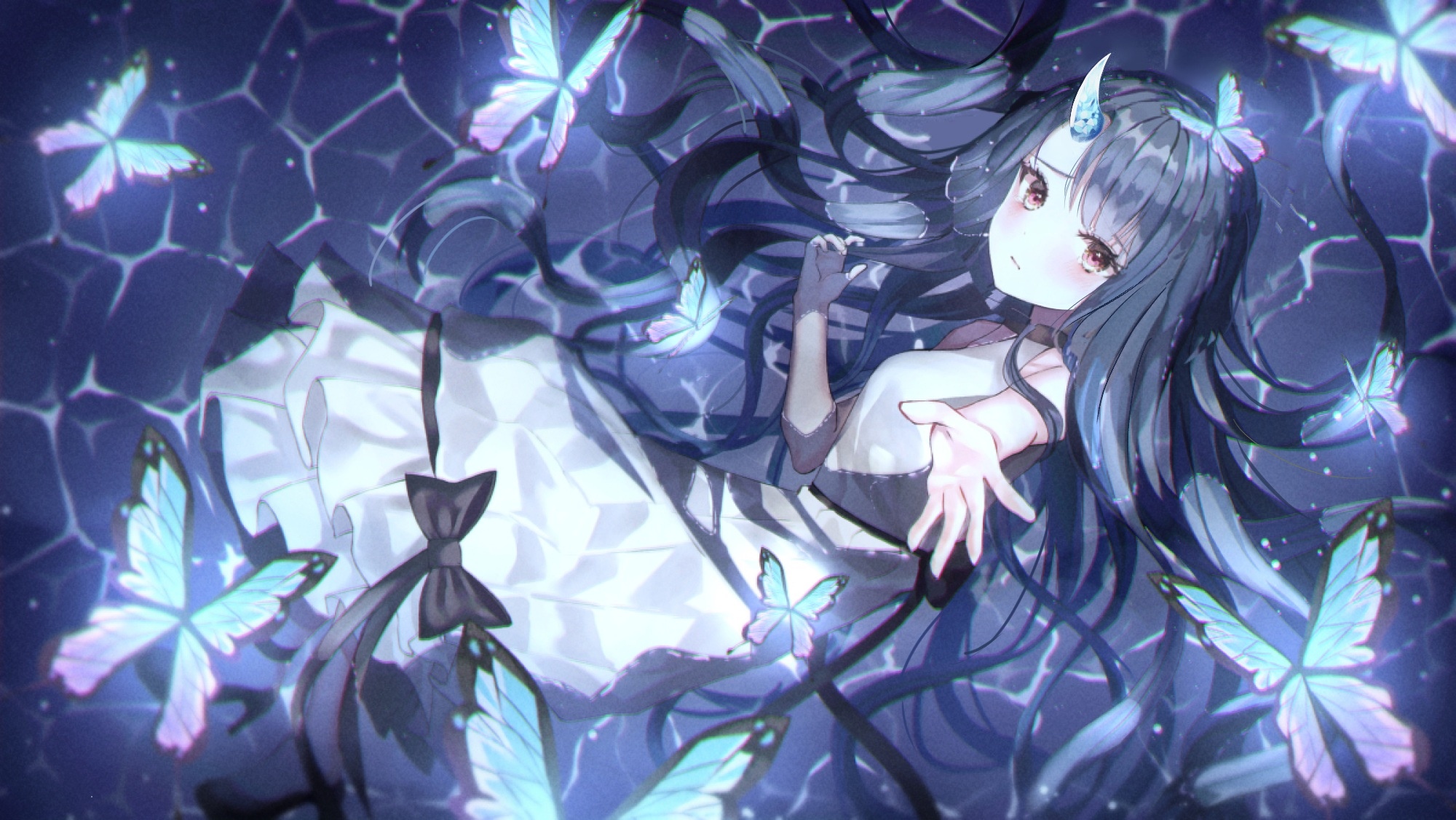Anime girl with horns and butterflies in water HD Wallpaper
