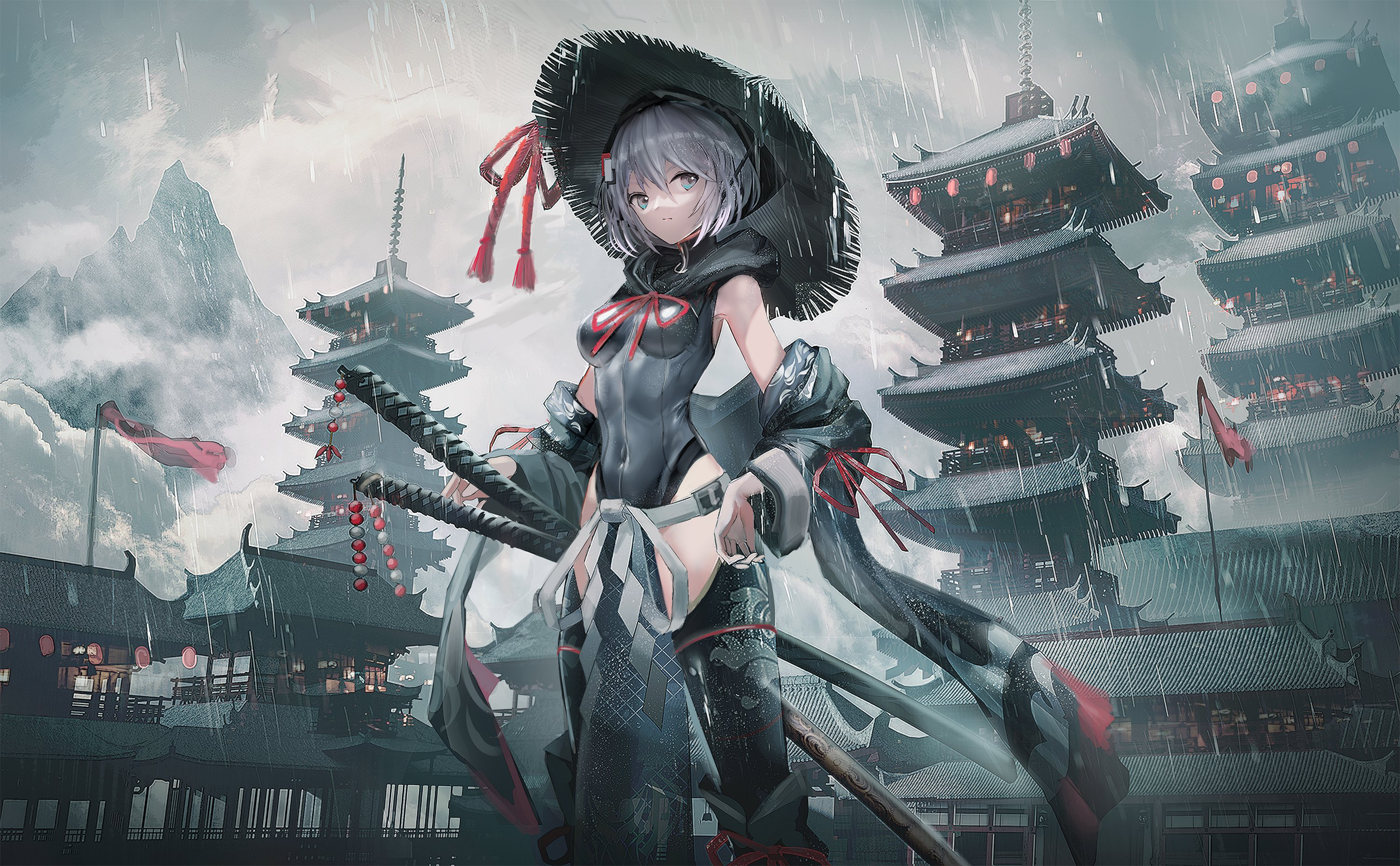 Samurai girl in rain with Japanese pagodas HD Wallpaper