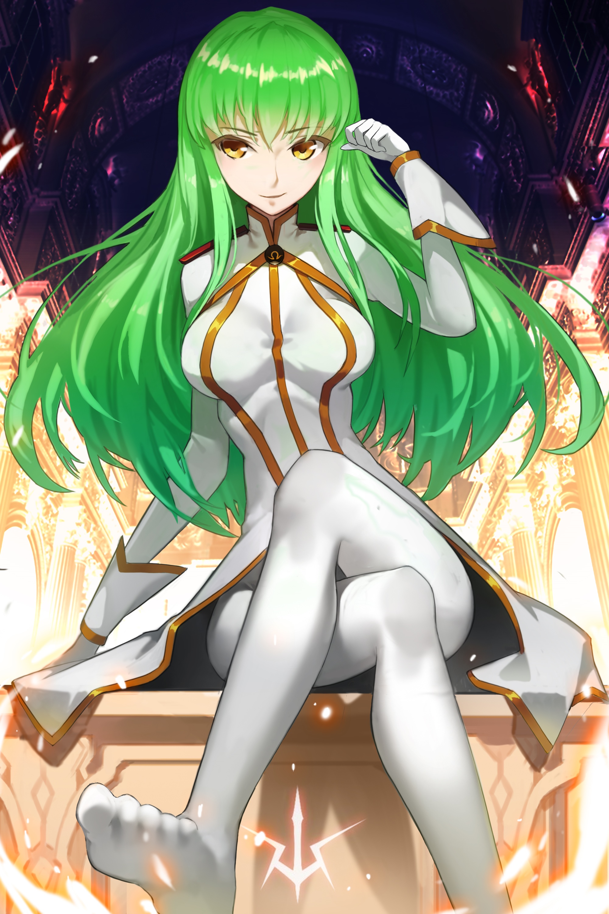 C.C. from Code Geass in a white and gold outfit HD Phone Wallpaper
