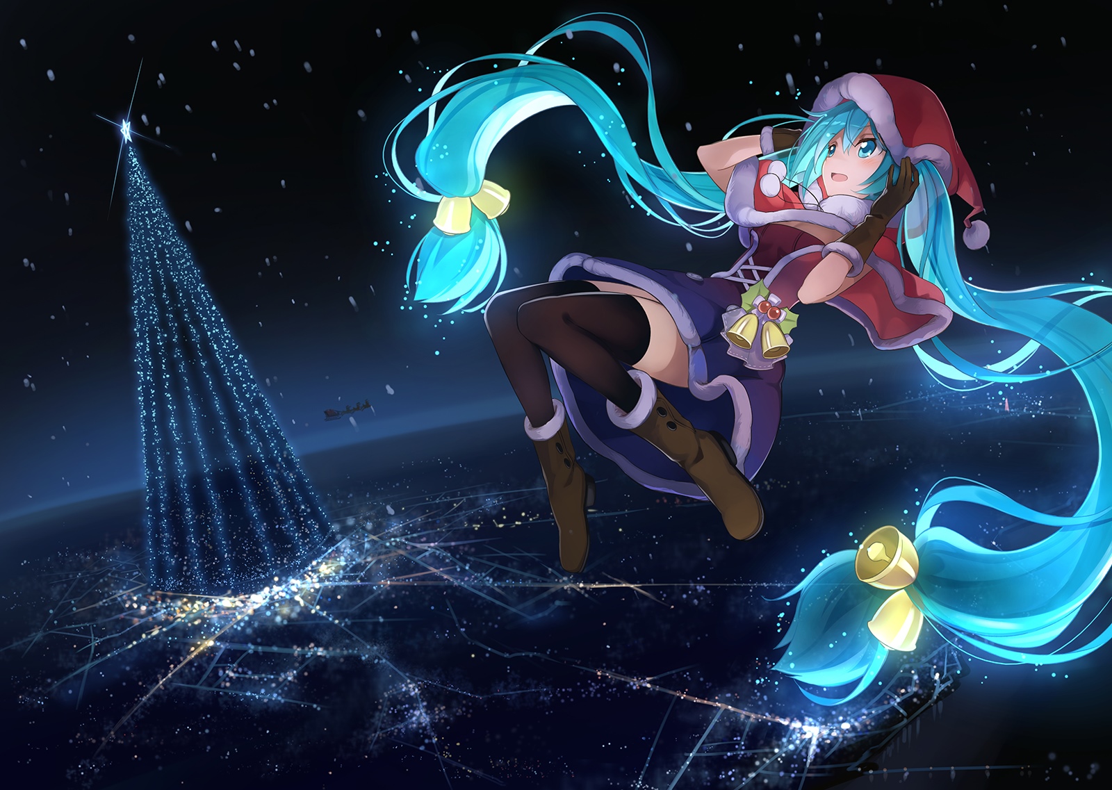 Hatsune Miku in a Christmas Outfit with a Christmas Tree HD Wallpaper