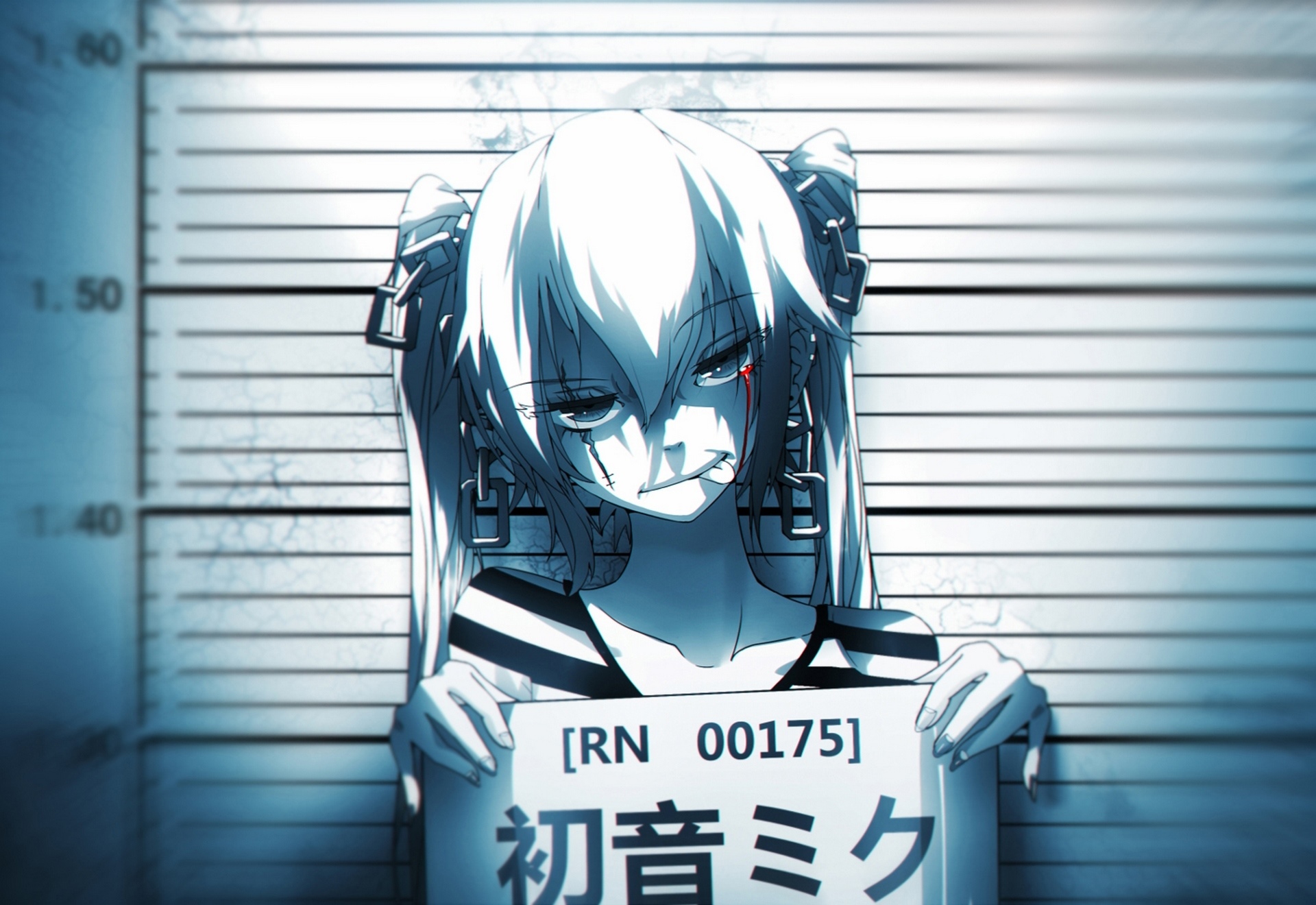 Hatsune Miku Mugshot with Chains and Tongue Out HD Wallpaper