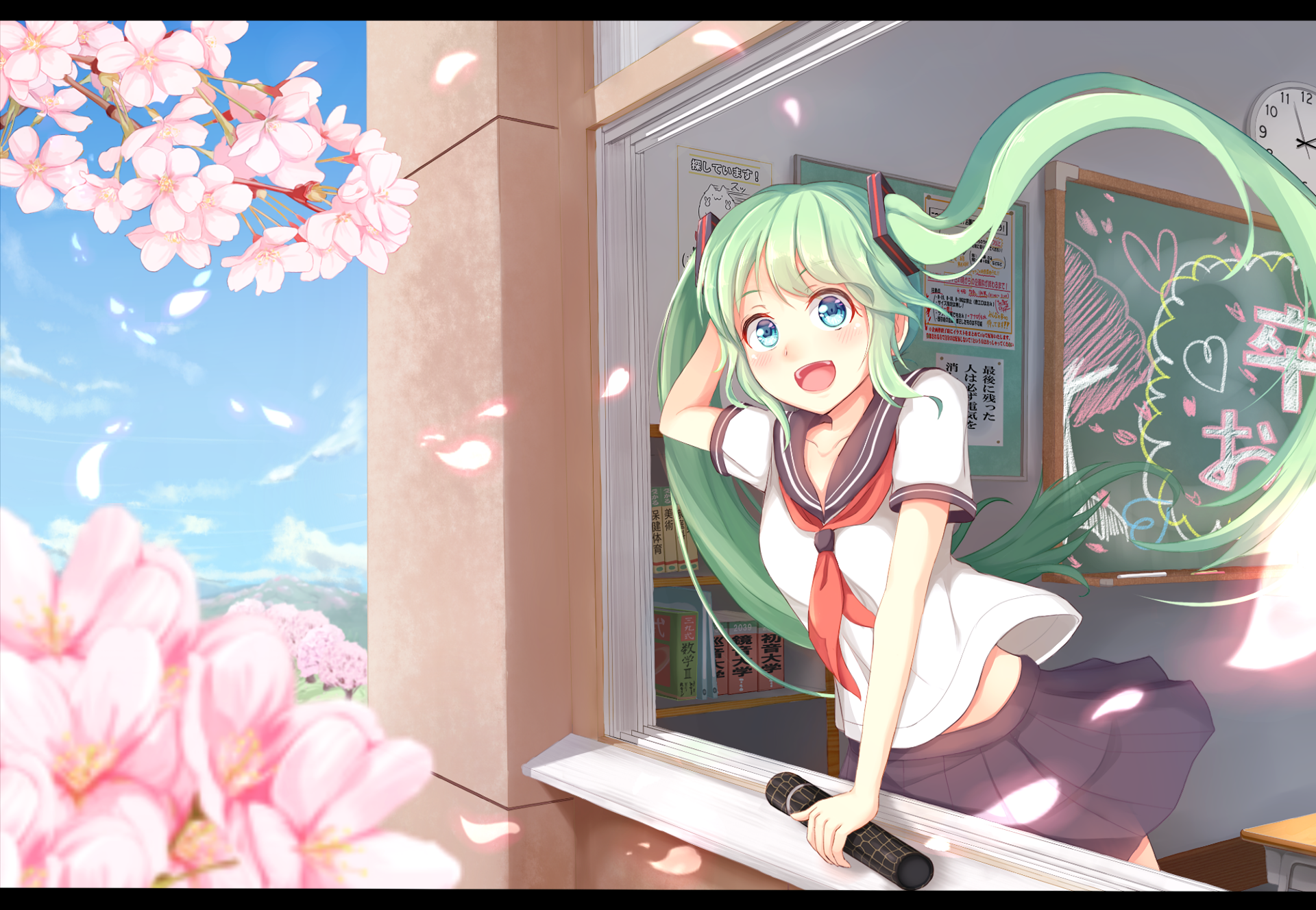 Hatsune Miku in a school uniform with cherry blossoms HD Wallpaper