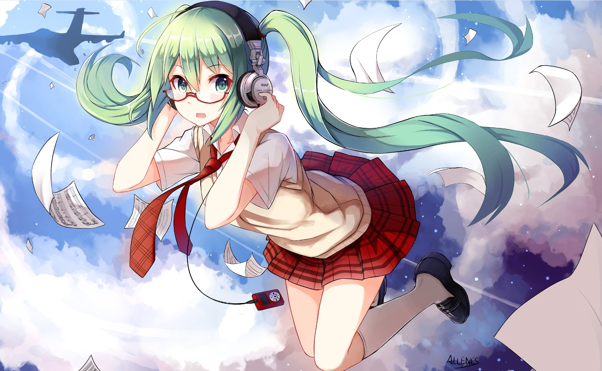 Hatsune Miku with headphones and glasses in the sky HD Wallpaper