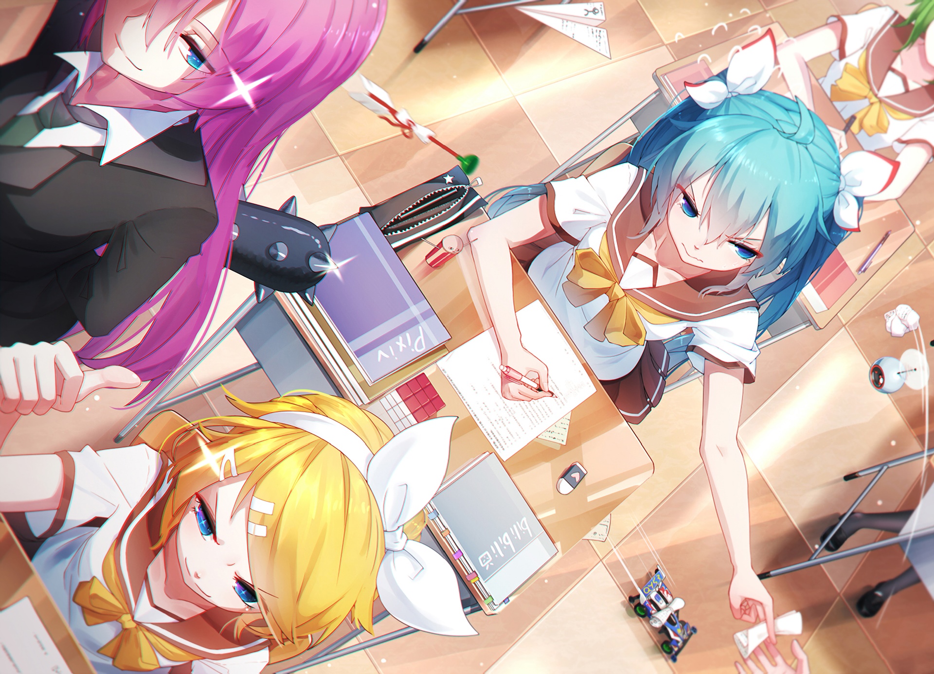 Vocaloid girls in a classroom setting HD Wallpaper