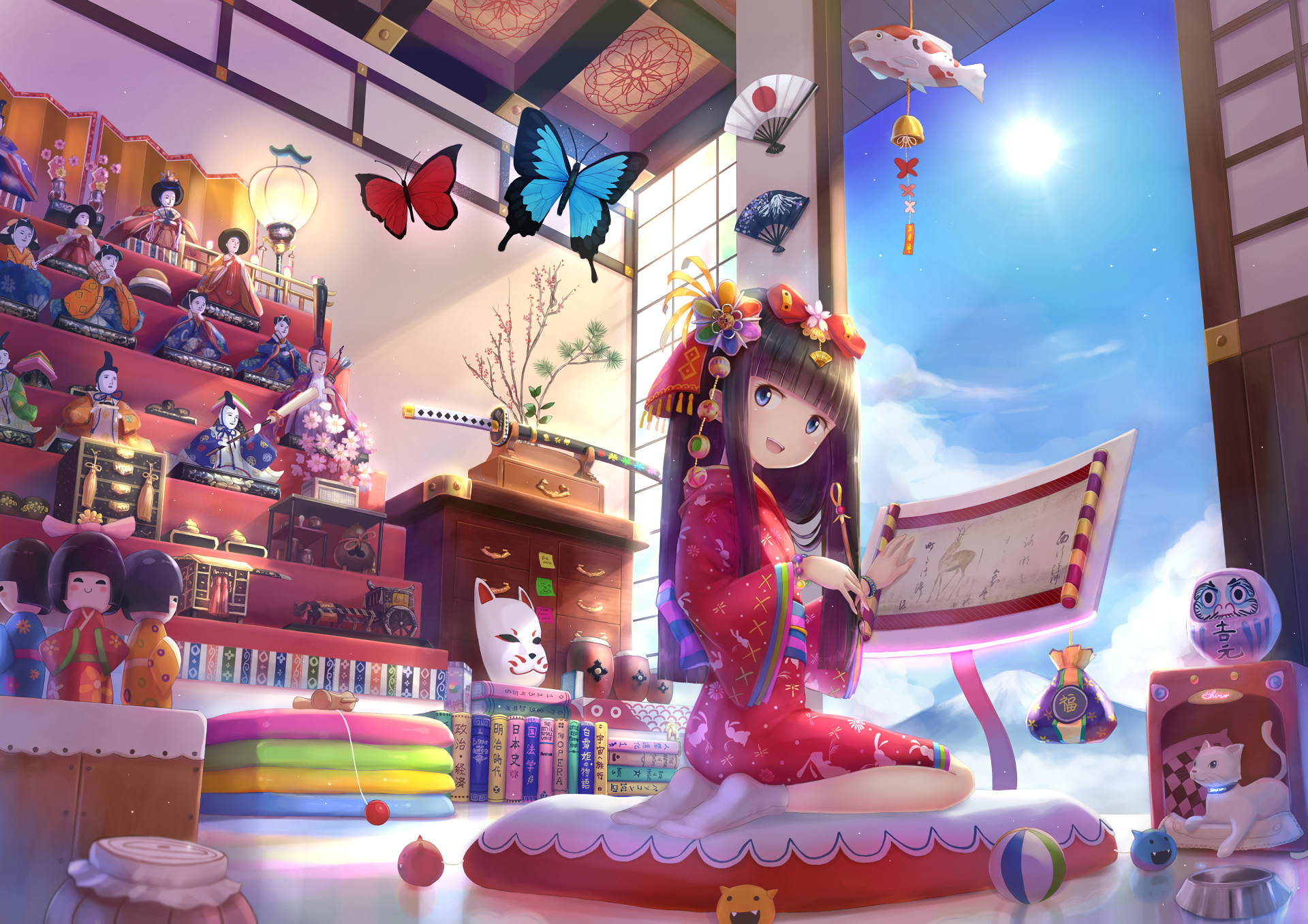 Girl in Kimono Drawing by a Window with Dolls HD Wallpaper