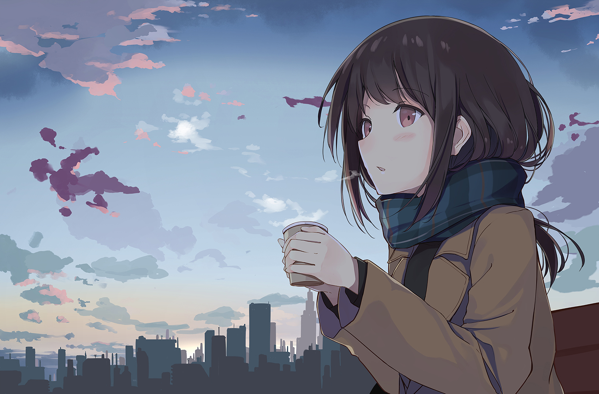 Ashima with a cup of coffee overlooking a city HD Wallpaper