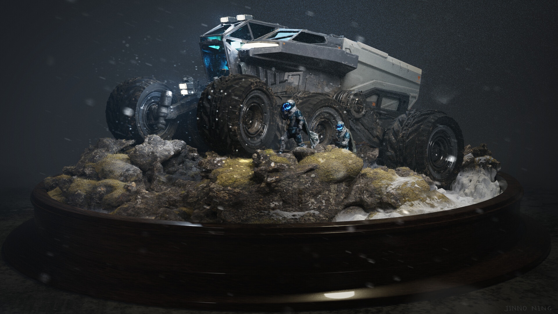 Futuristic rover with astronauts on a rocky planet HD Wallpaper