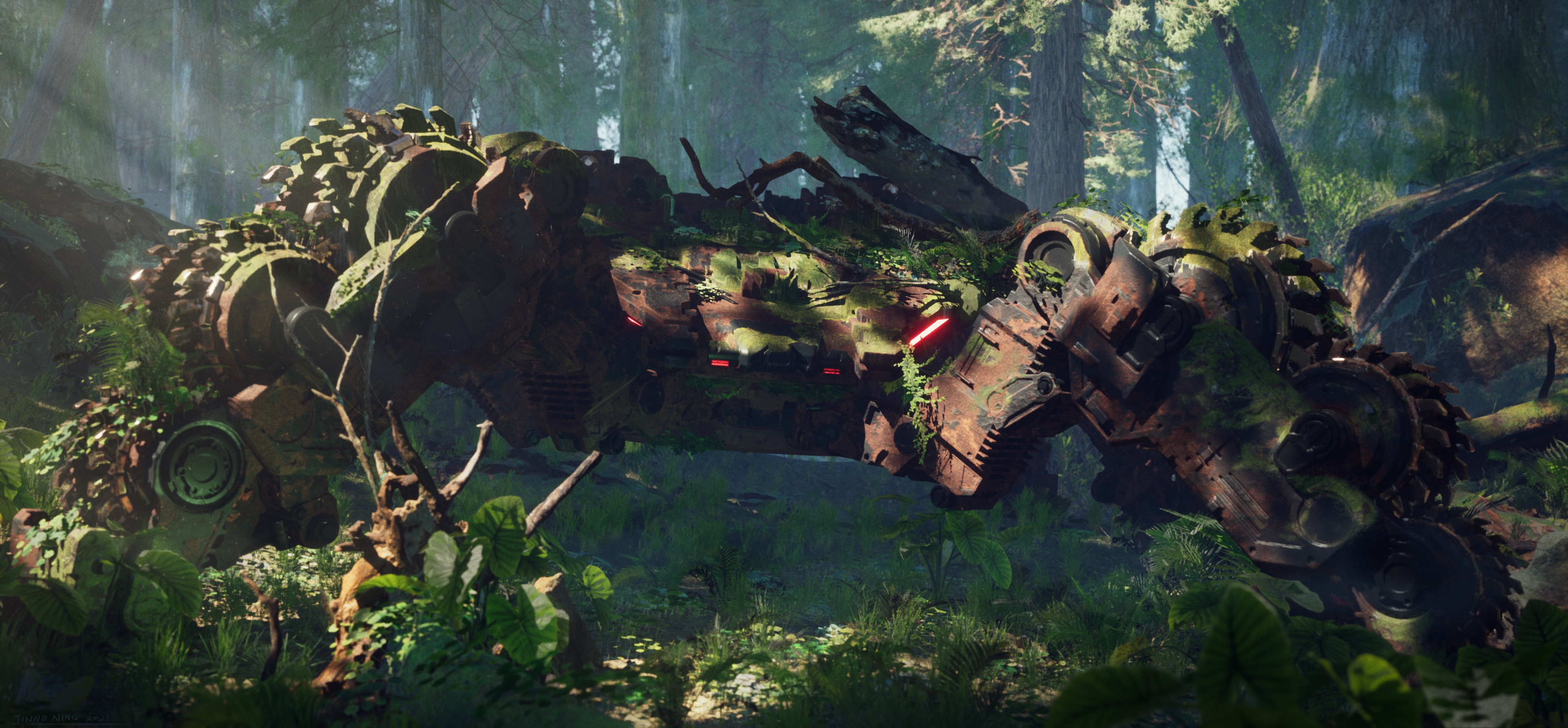 4K mechs overgrown with plants in a forest HD Wallpaper