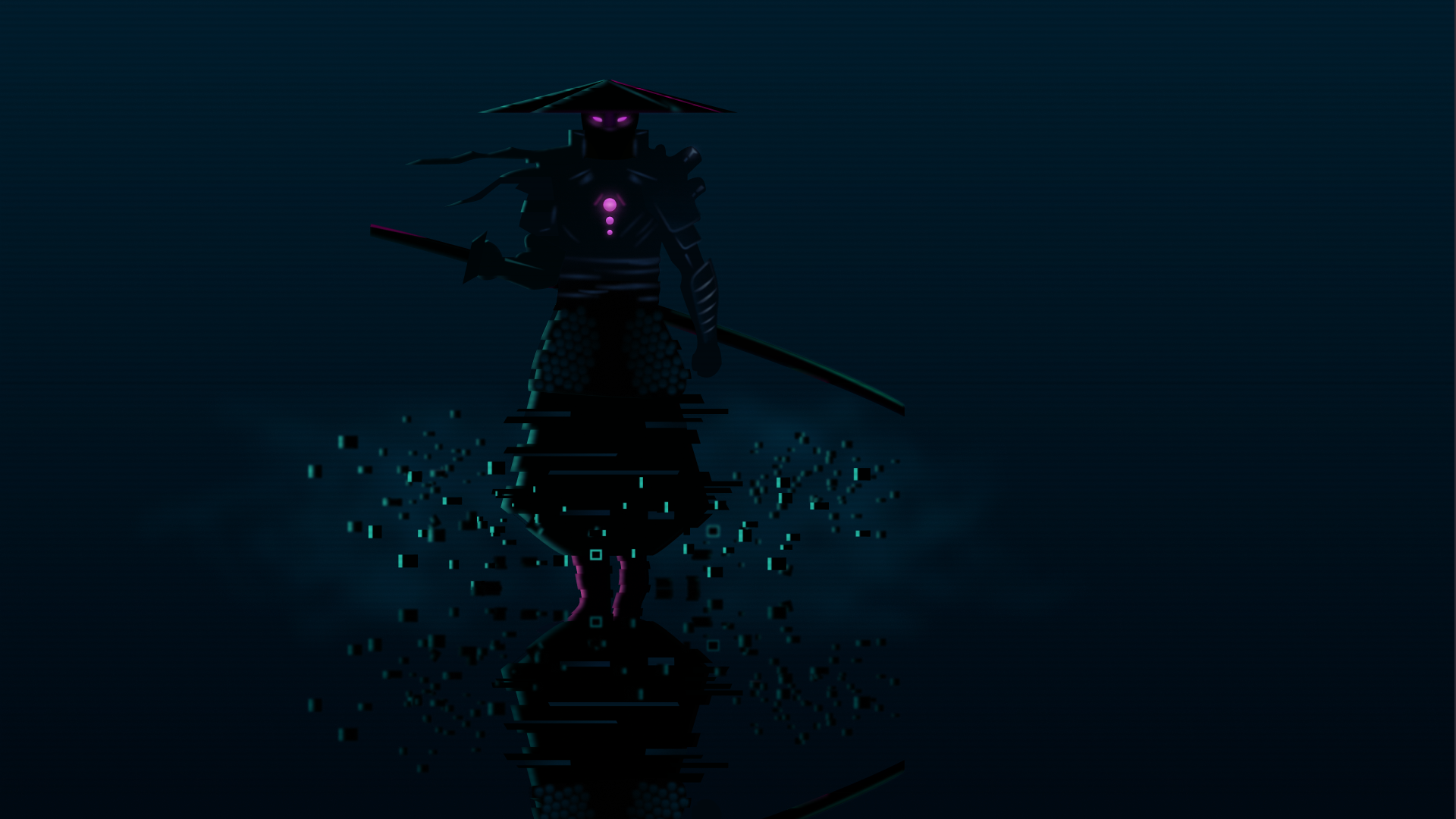 Cyber Ninja with glowing eyes and sword HD Wallpaper