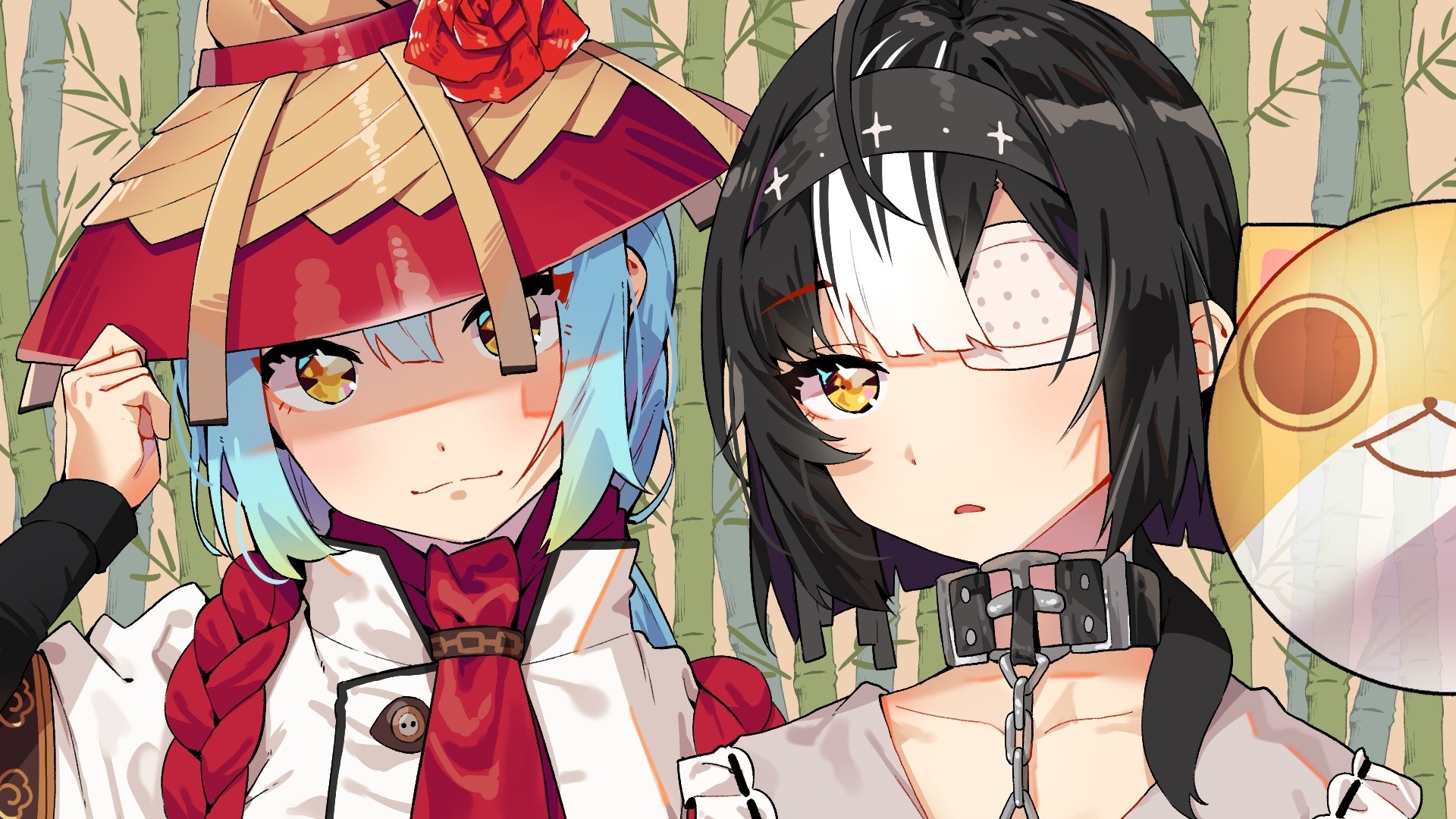 Two anime girls with a cat mask in front of bamboo HD Wallpaper