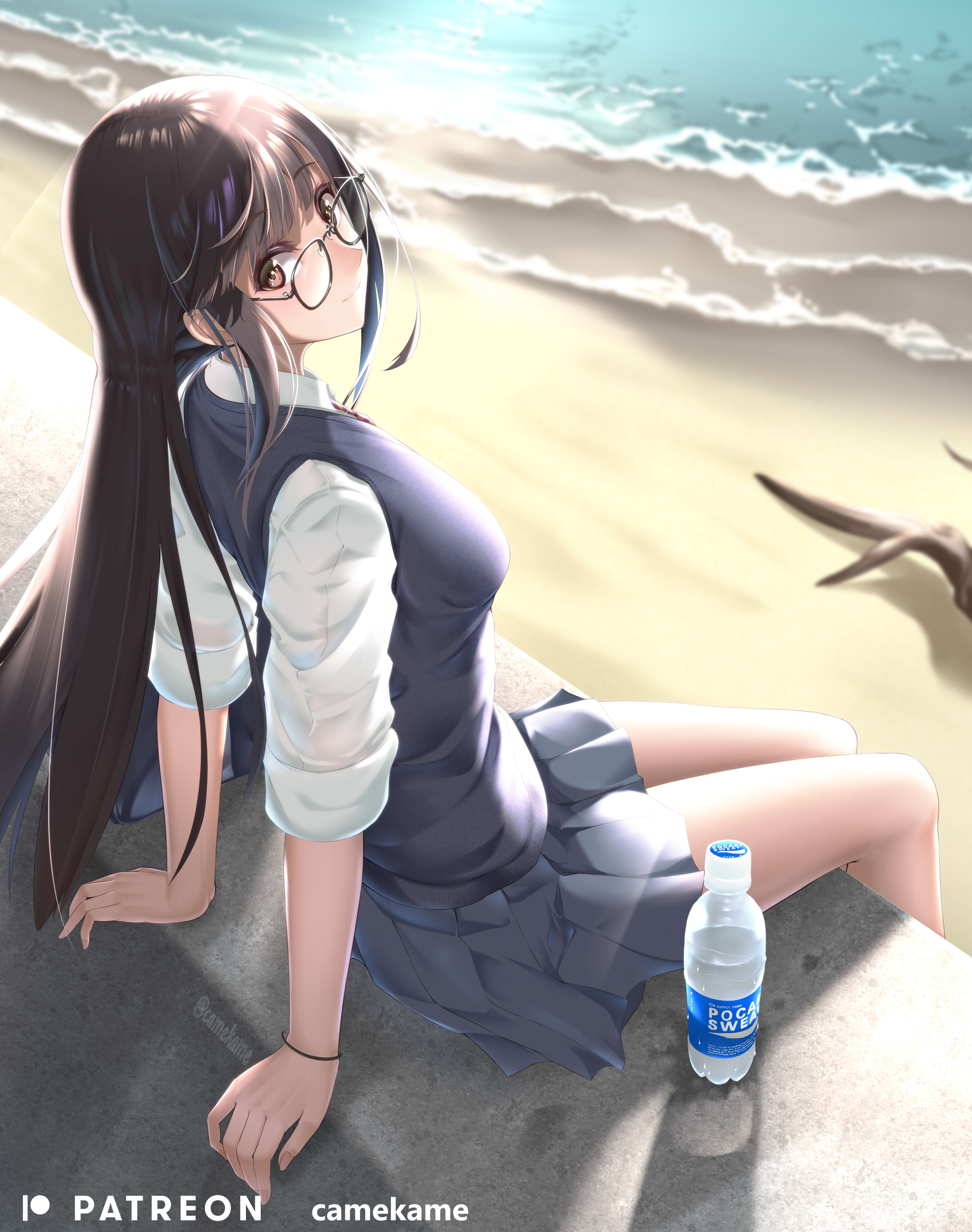 Schoolgirl with glasses at the beach HD Phone Wallpaper