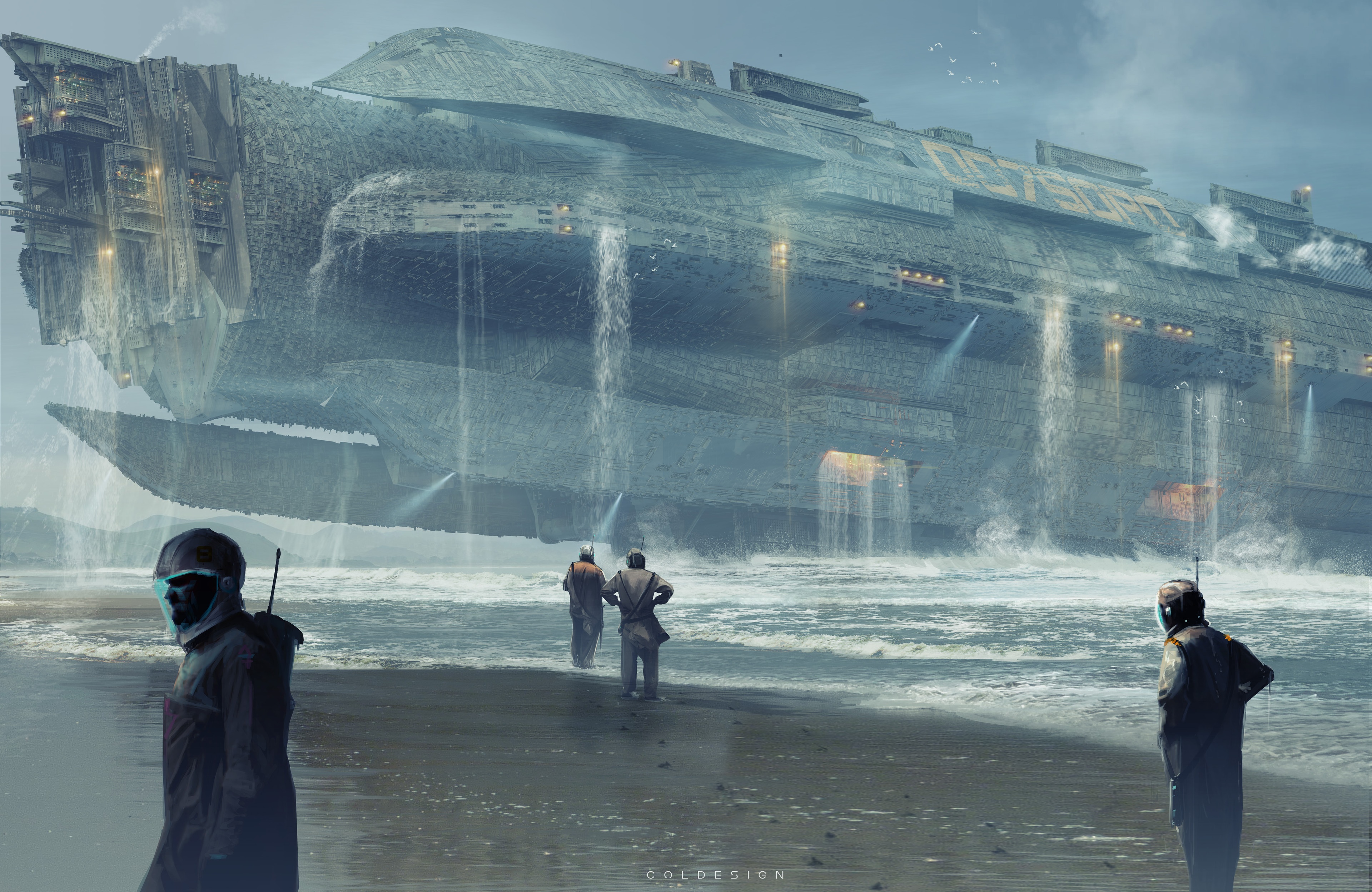 4K science fiction spaceship on the sea HD Wallpaper