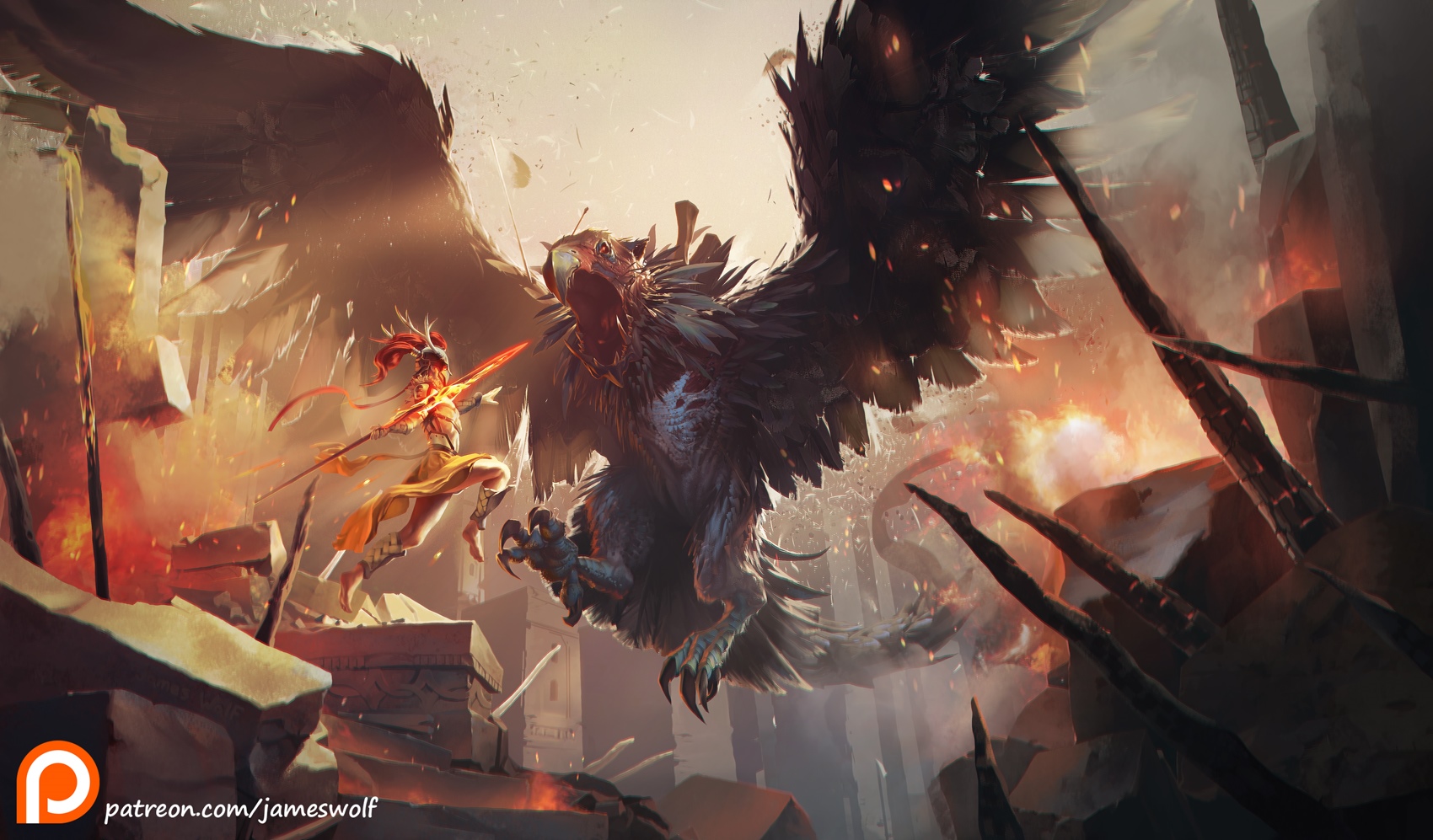 Fantasy art of a griffin fighting a warrior HD Wallpaper