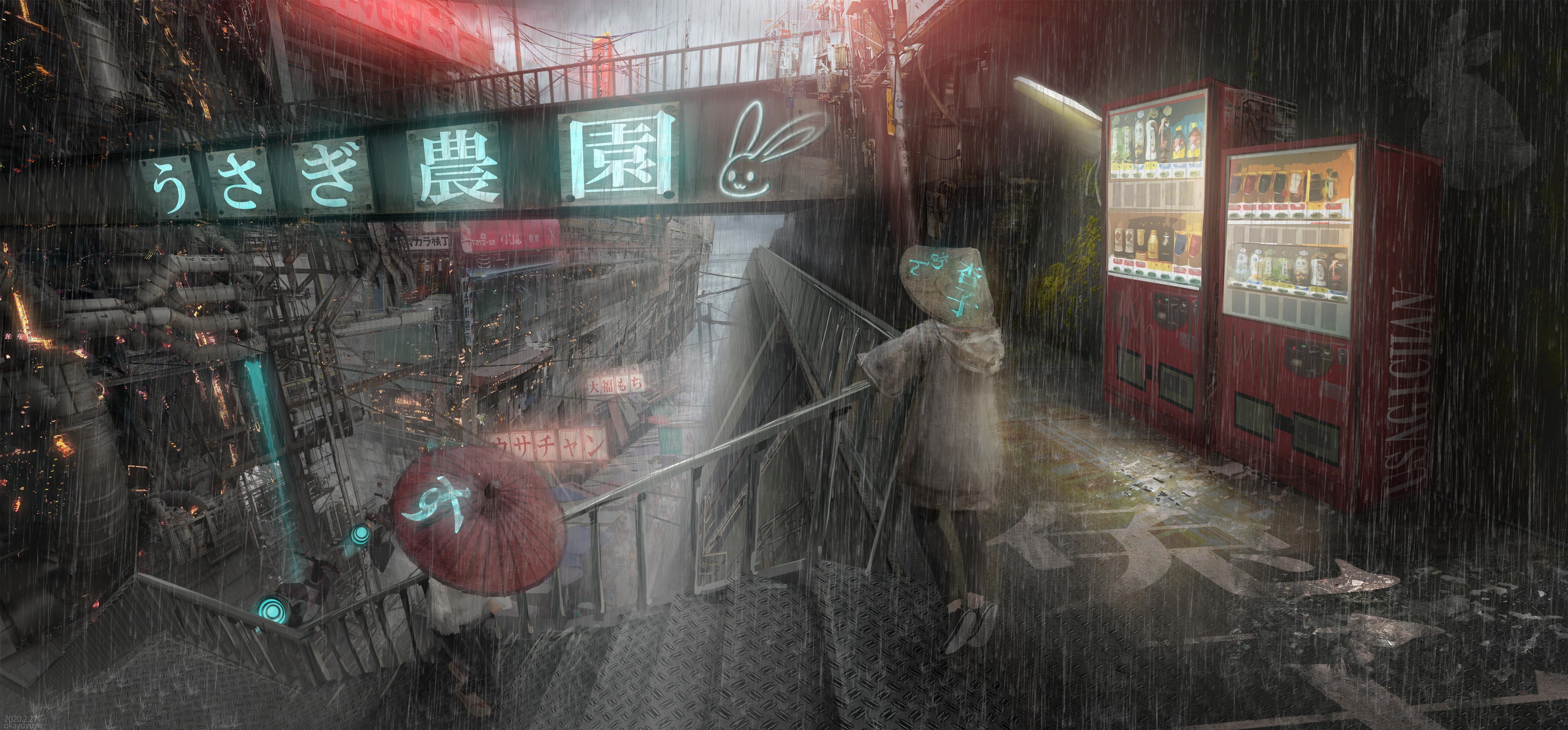 4K rain city with Japanese signs and vending machines HD Wallpaper