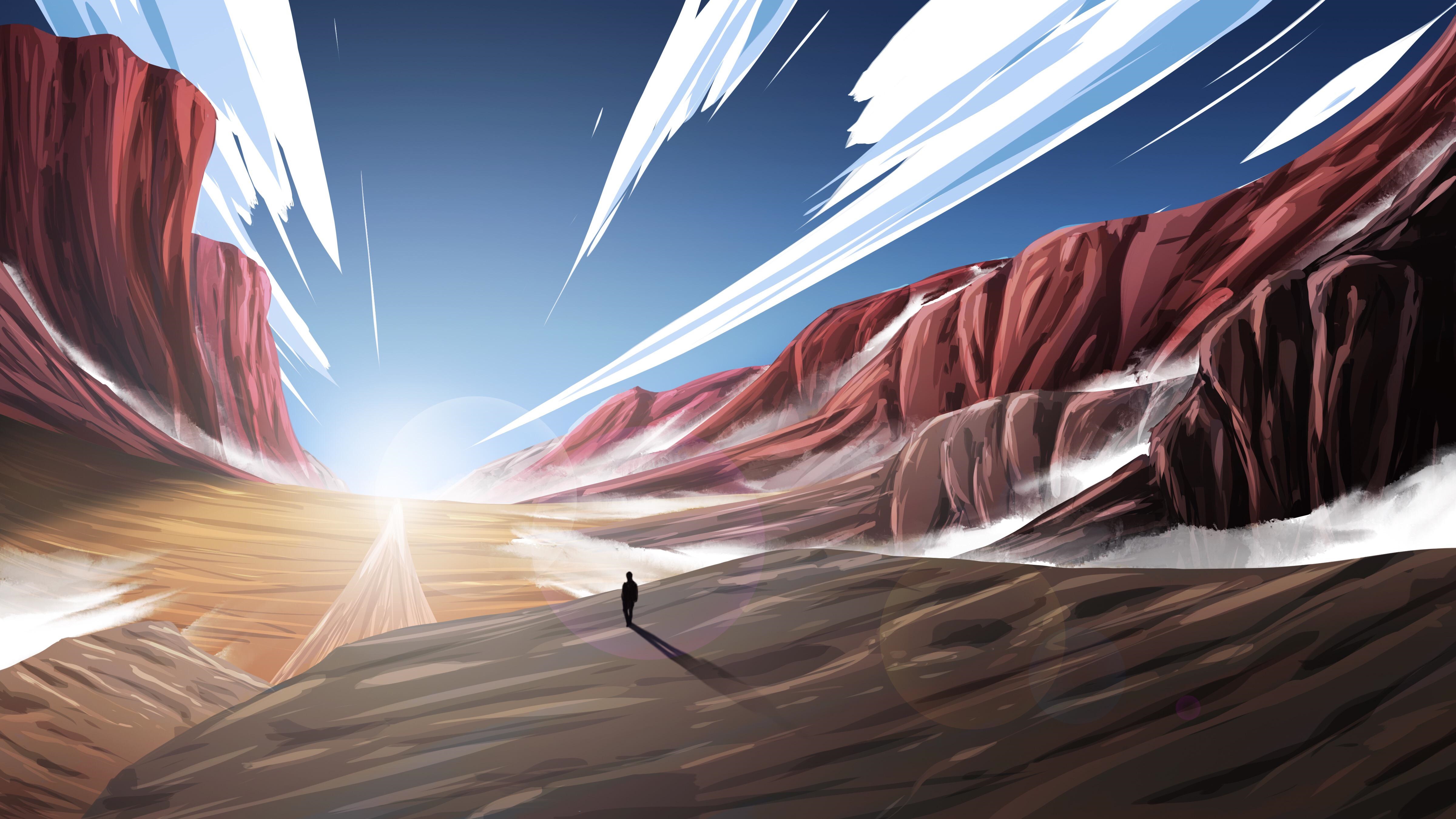 Man walking towards sun in canyon HD Wallpaper