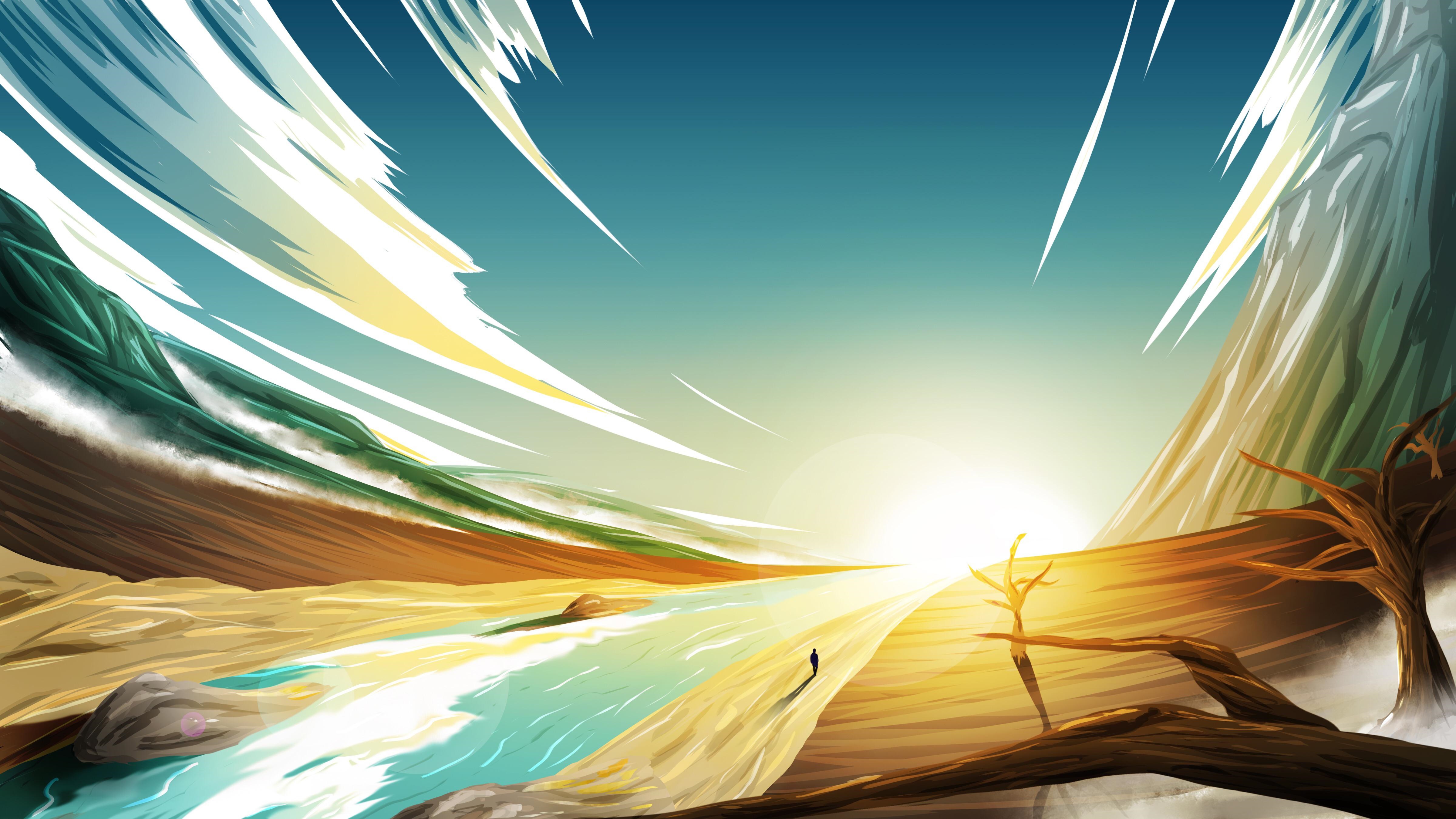 4K landscape with river and sunrise HD Wallpaper