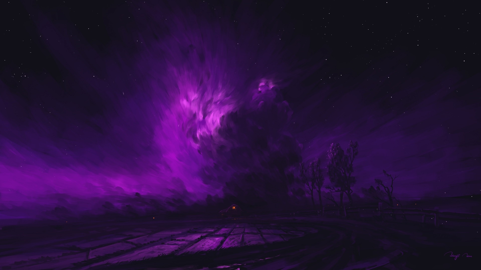 Purple nebula over a dark landscape with trees HD Wallpaper