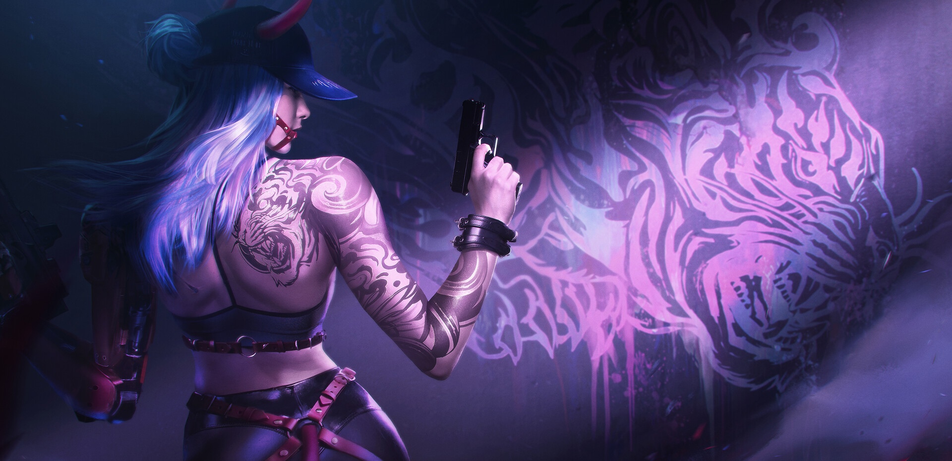 Woman with tattoos and gun with tiger mural HD Wallpaper