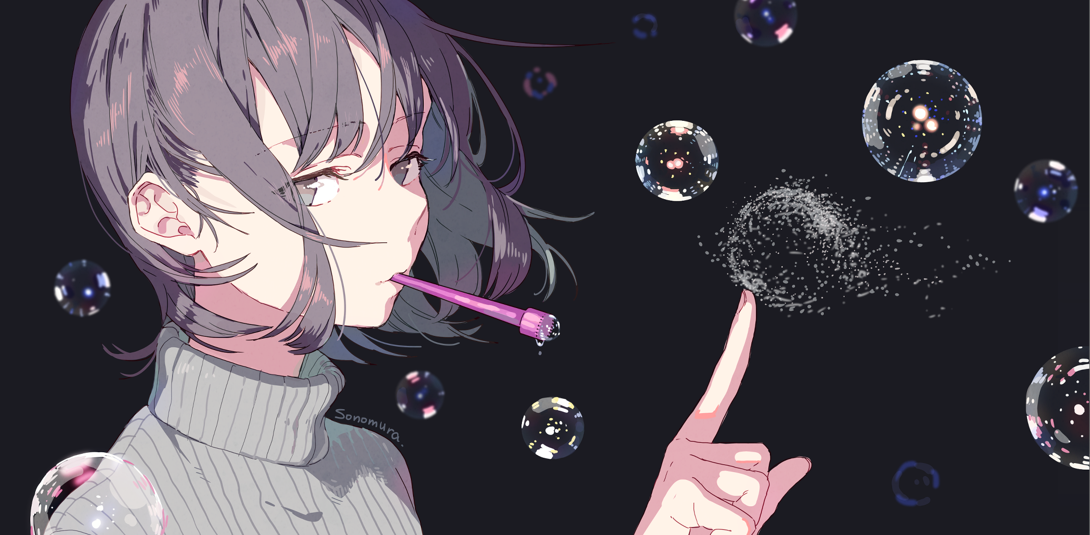 Anime girl blowing bubbles with a purple wand HD Wallpaper