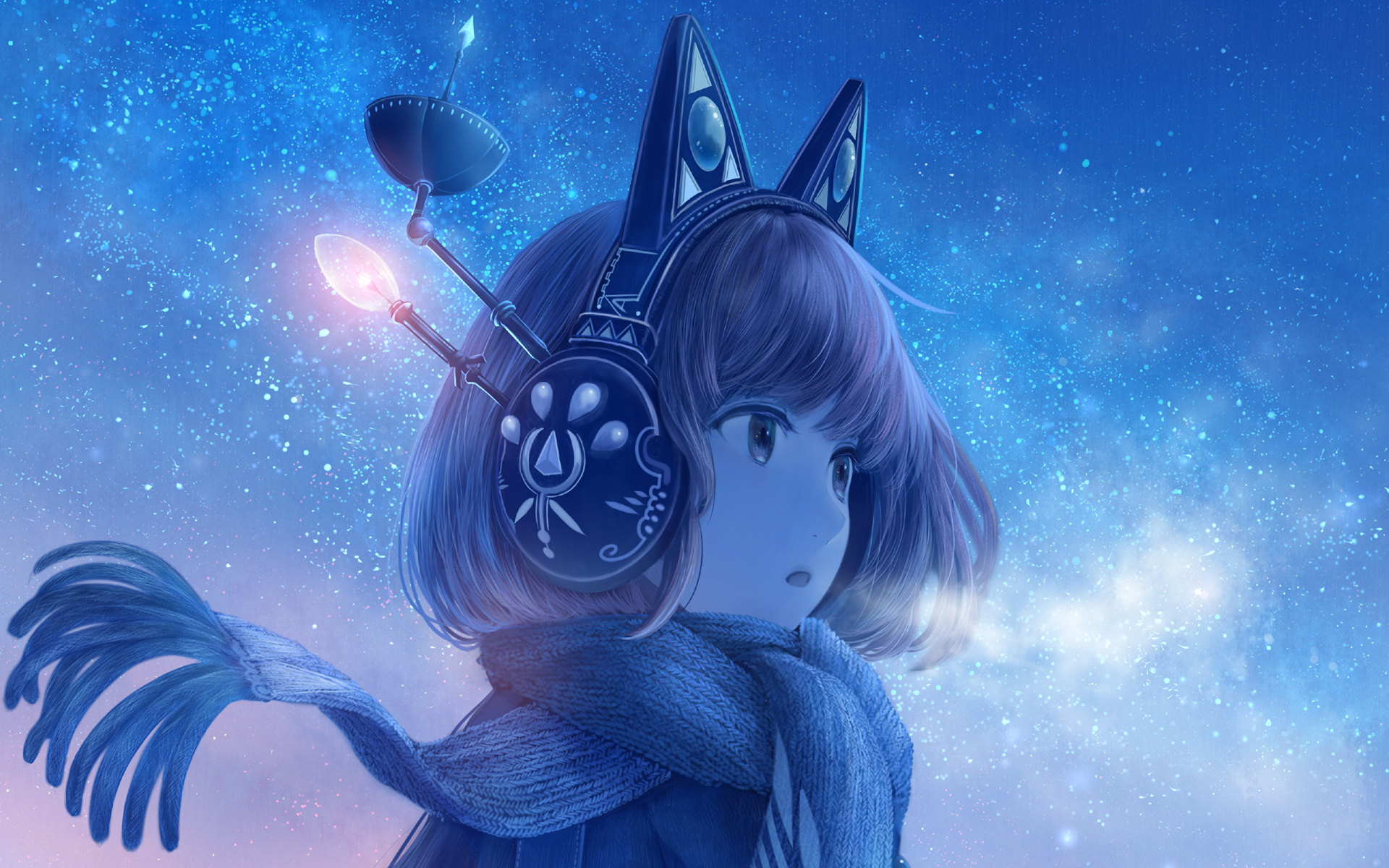 Girl with headphones under a starry sky HD Wallpaper