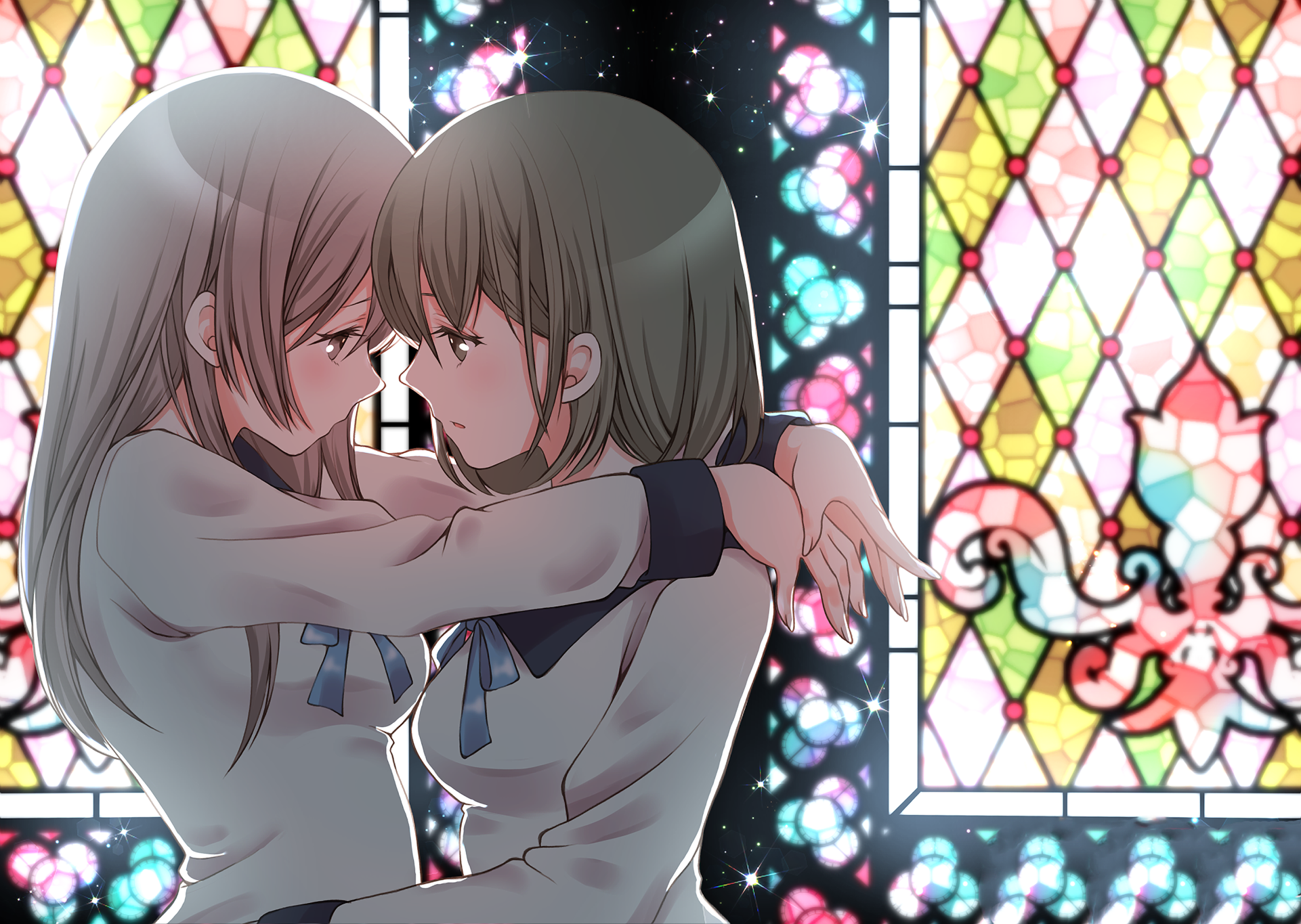 Two girls in school uniforms embracing near stained glass HD Wallpaper