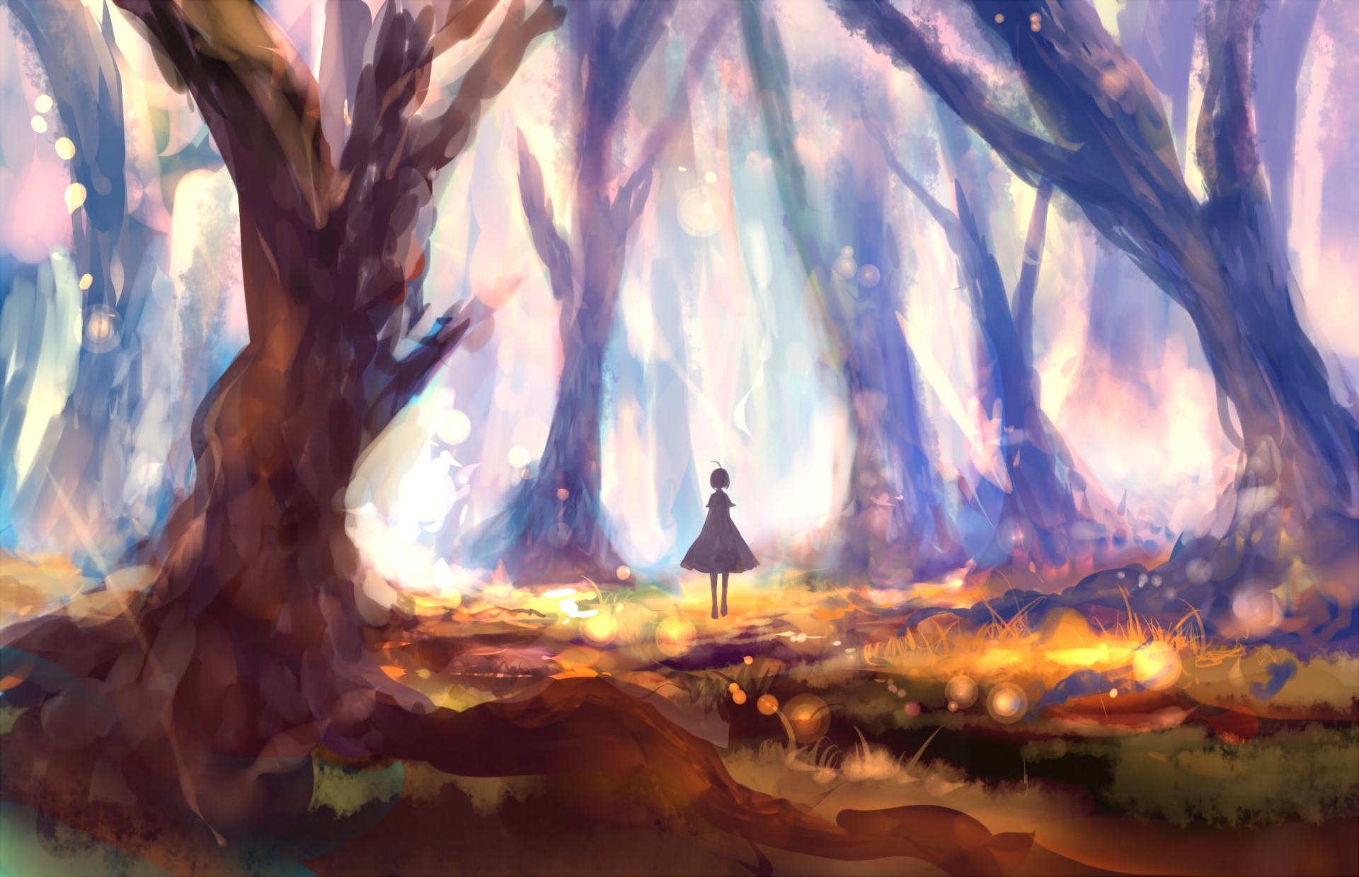Anime girl in a magical forest with glowing lights HD Wallpaper