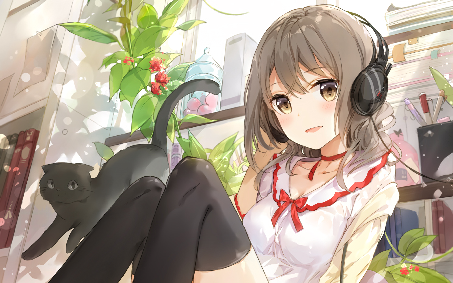 Girl with headphones and a black cat HD Wallpaper