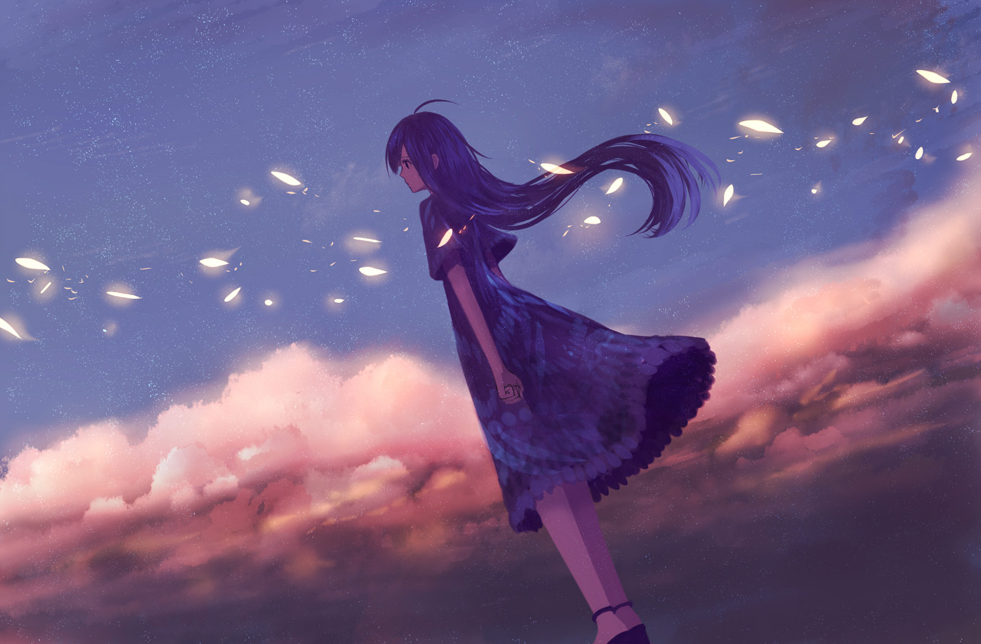 Anime girl with long dark hair in a purple dress HD Wallpaper