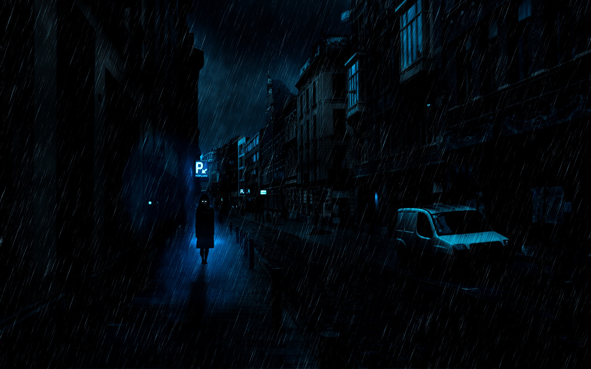 A lone figure walks down a dark, rainy street at night. HD Wallpaper