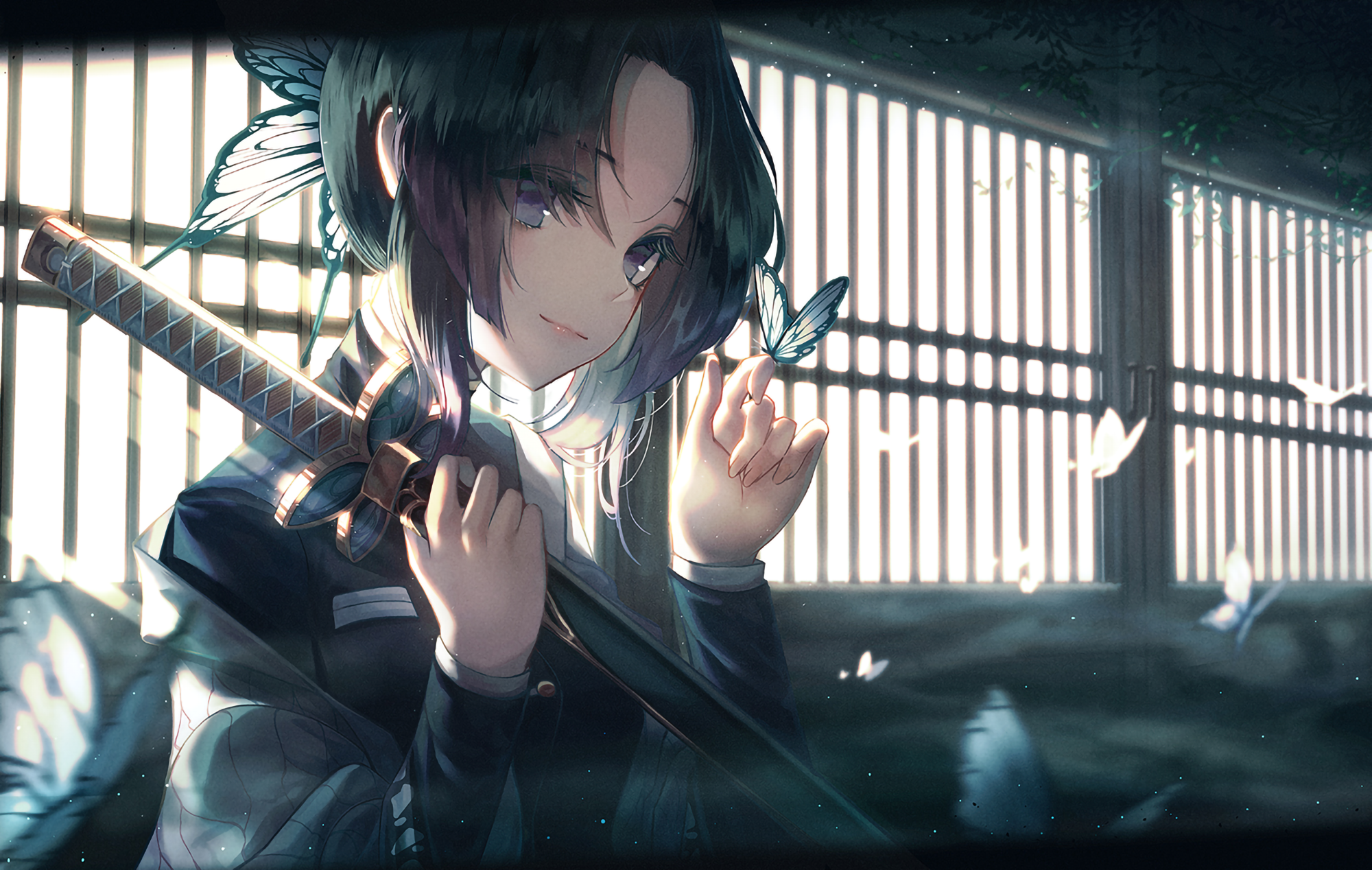 Kochou Shinobu with butterflies and sword HD Wallpaper
