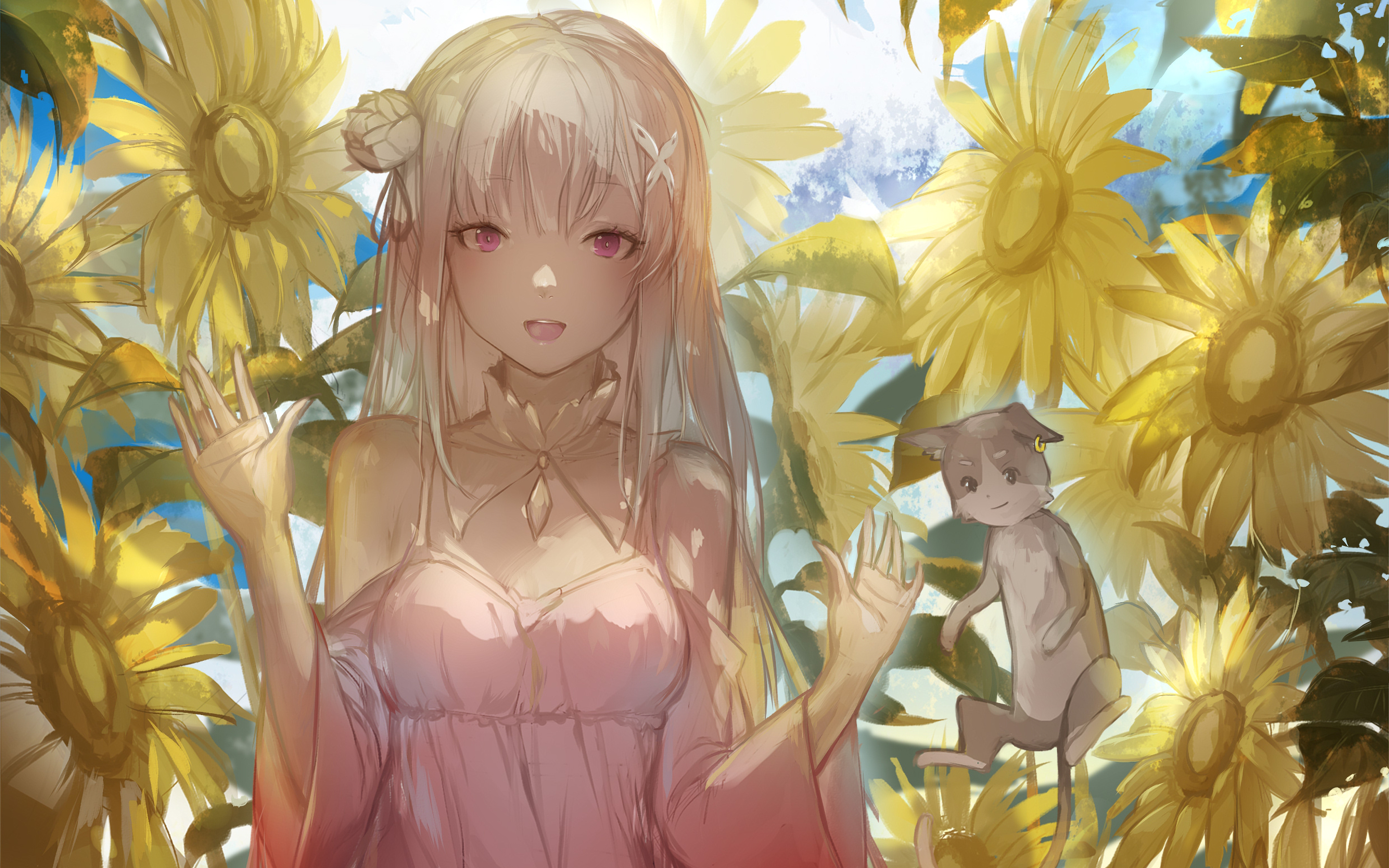 Emilia and Puck in Sunflowers from Re:Zero HD Wallpaper