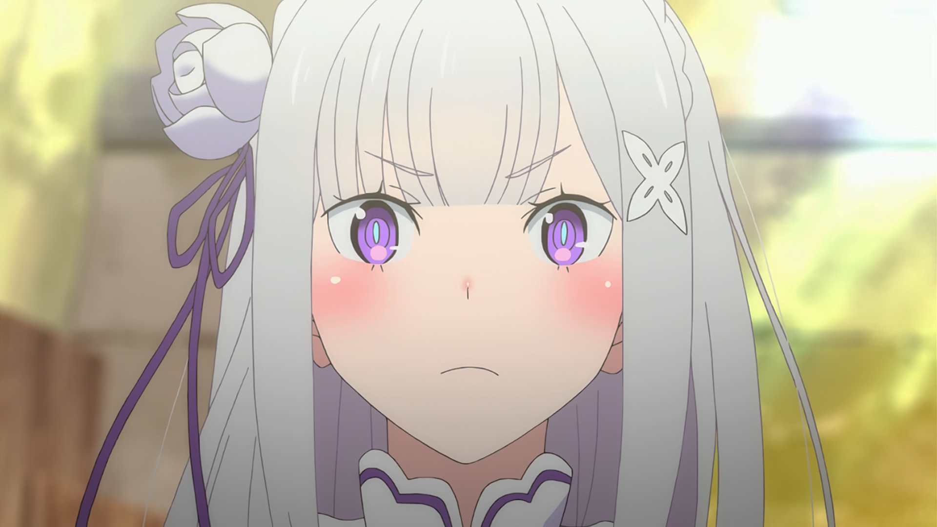 Emilia from Re:Zero with purple eyes and silver hair HD Wallpaper