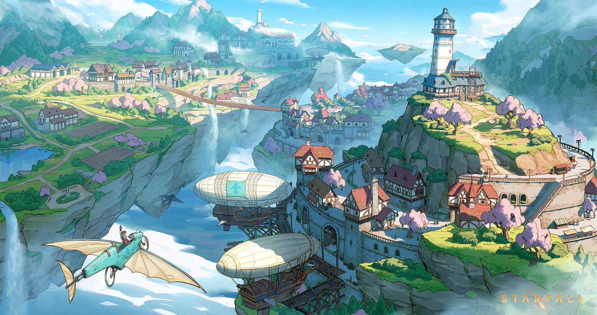 Fantasy village with floating islands and airships HD Wallpaper