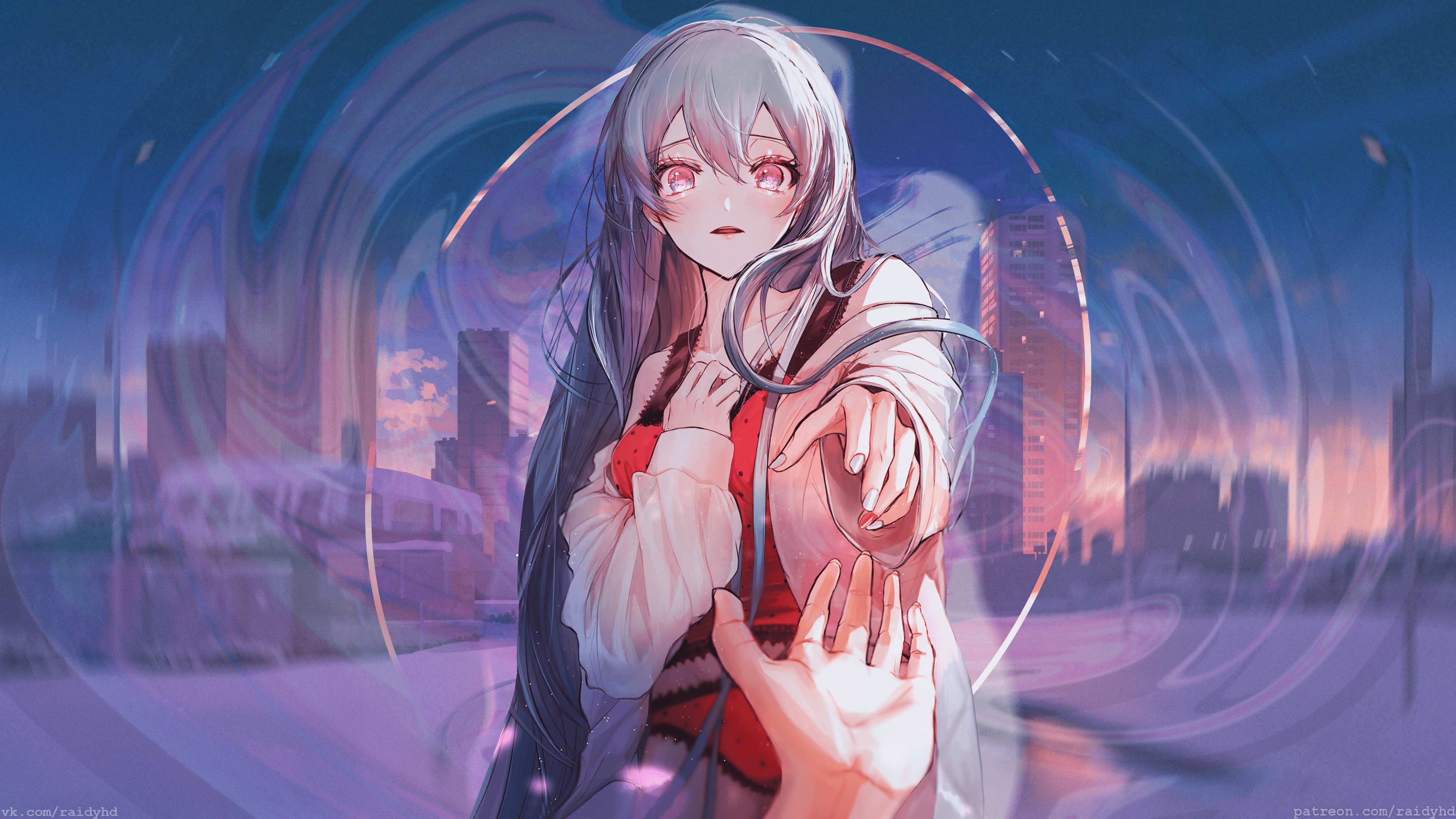 Anime girl reaching out in a city HD Wallpaper