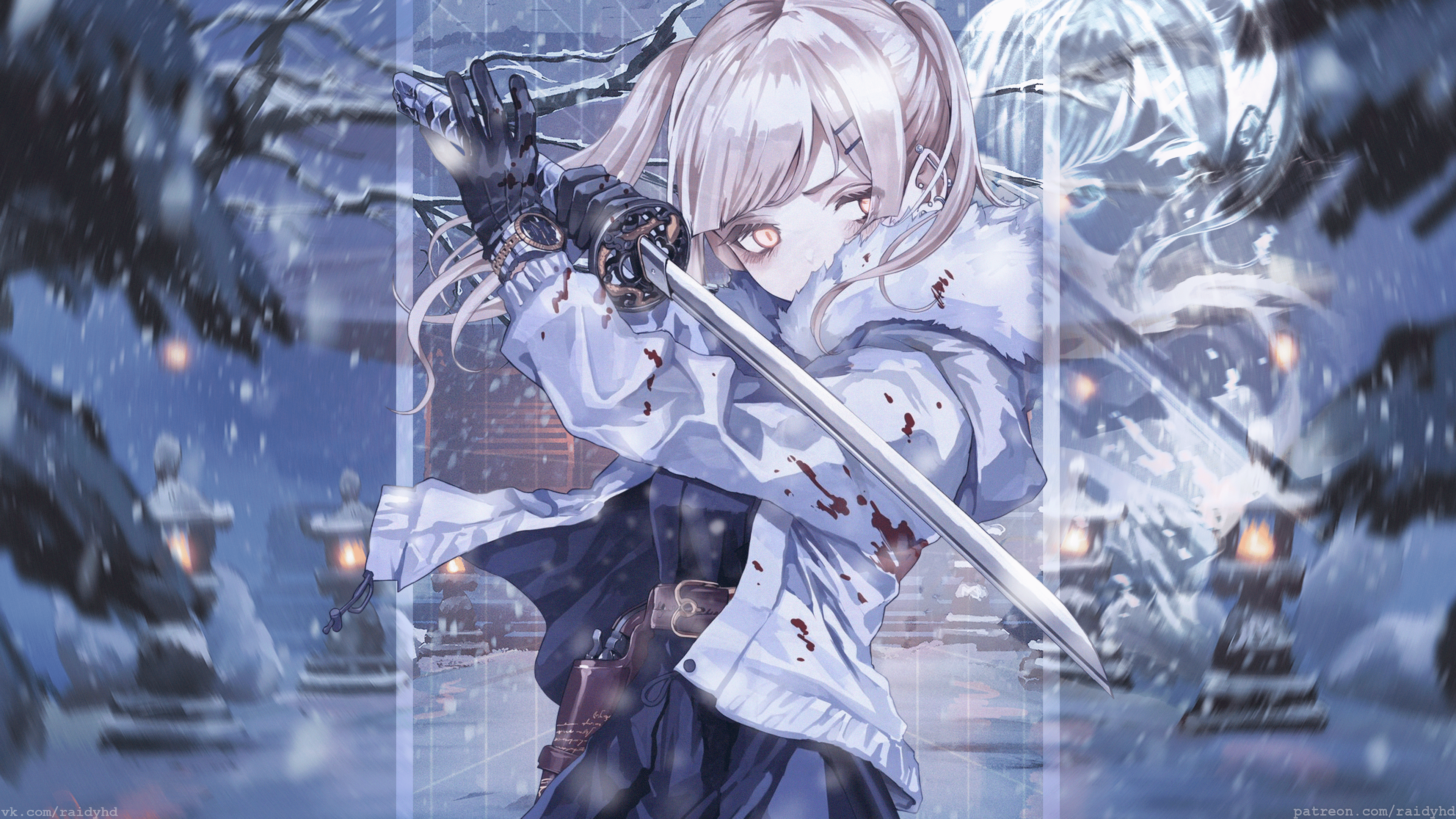 Girl with katana in snowy landscape HD Wallpaper