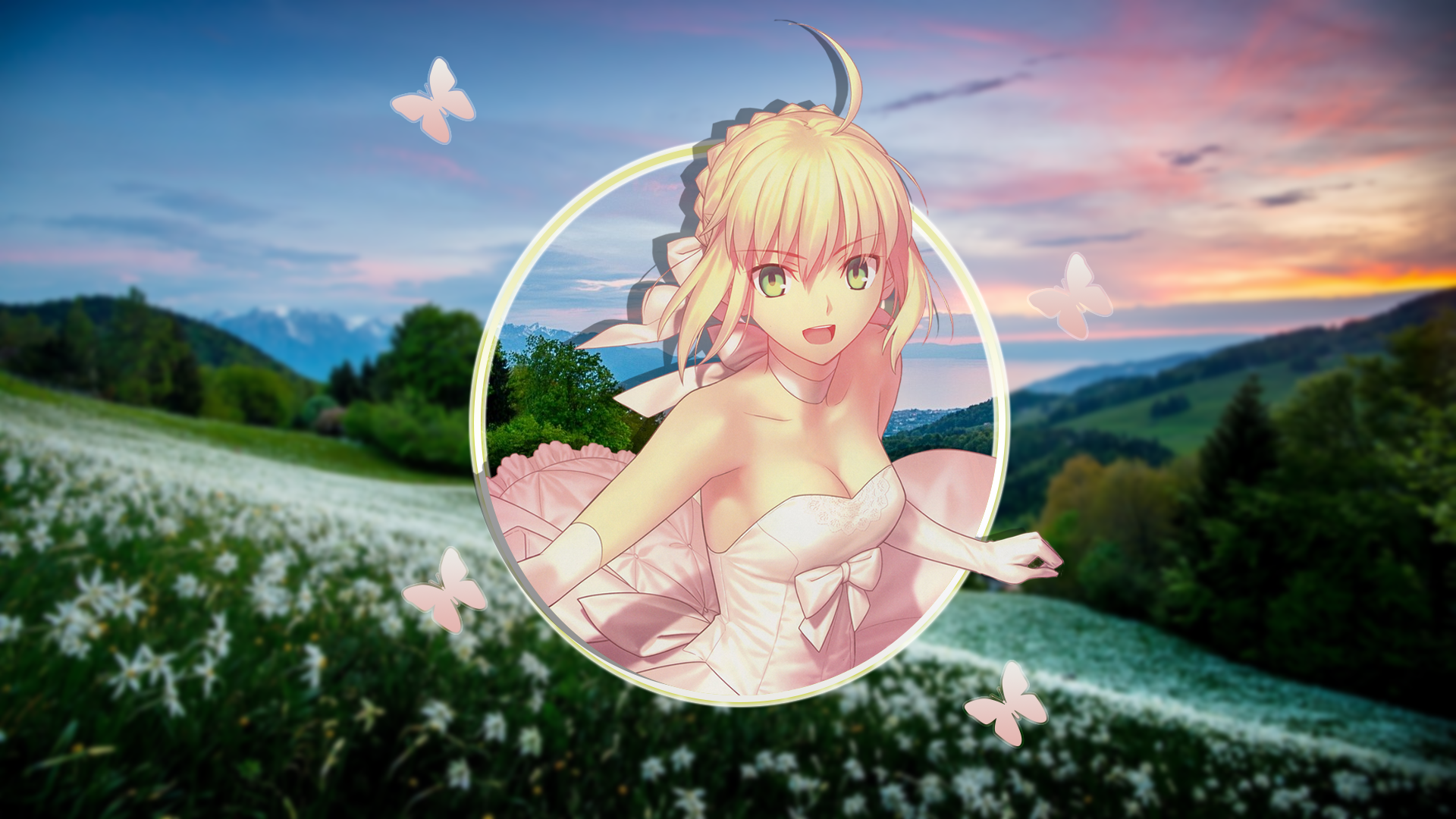 Saber in a Wedding Dress with Butterflies and Flowers HD Wallpaper