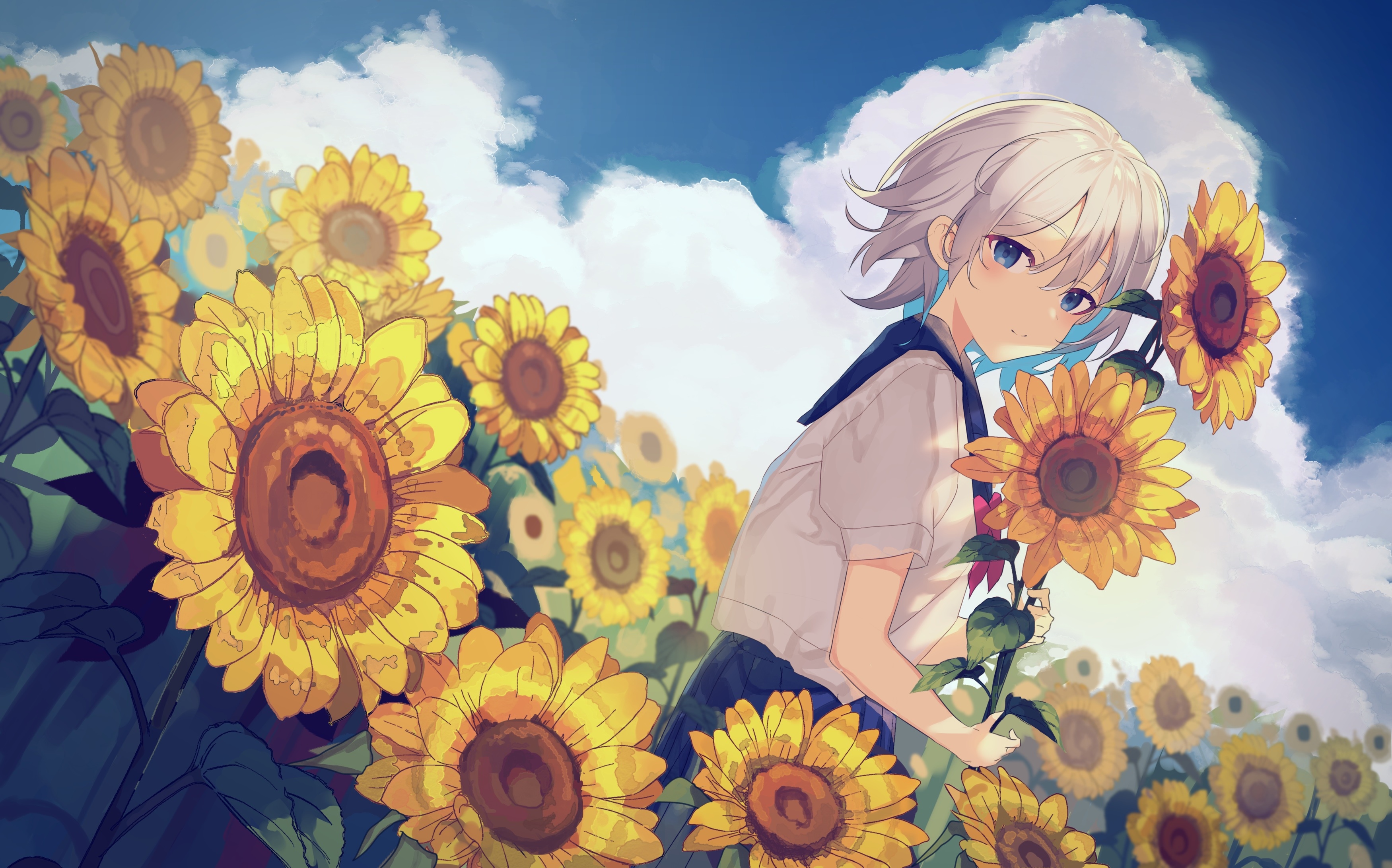 Anime girl in school uniform with sunflowers HD Wallpaper