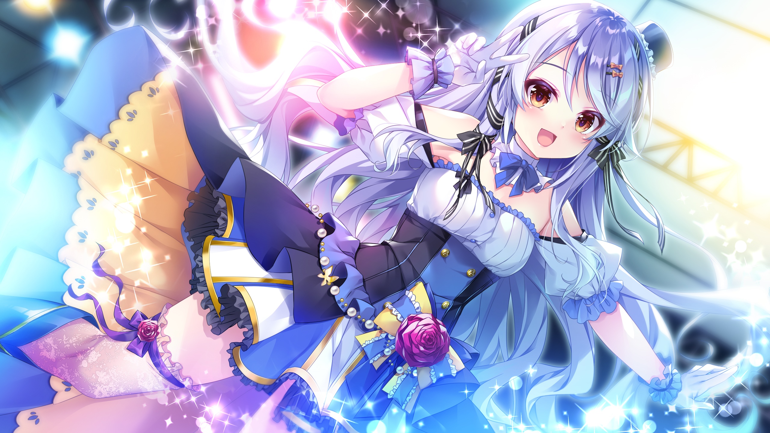 Anime girl with silver hair in a blue dress HD Wallpaper