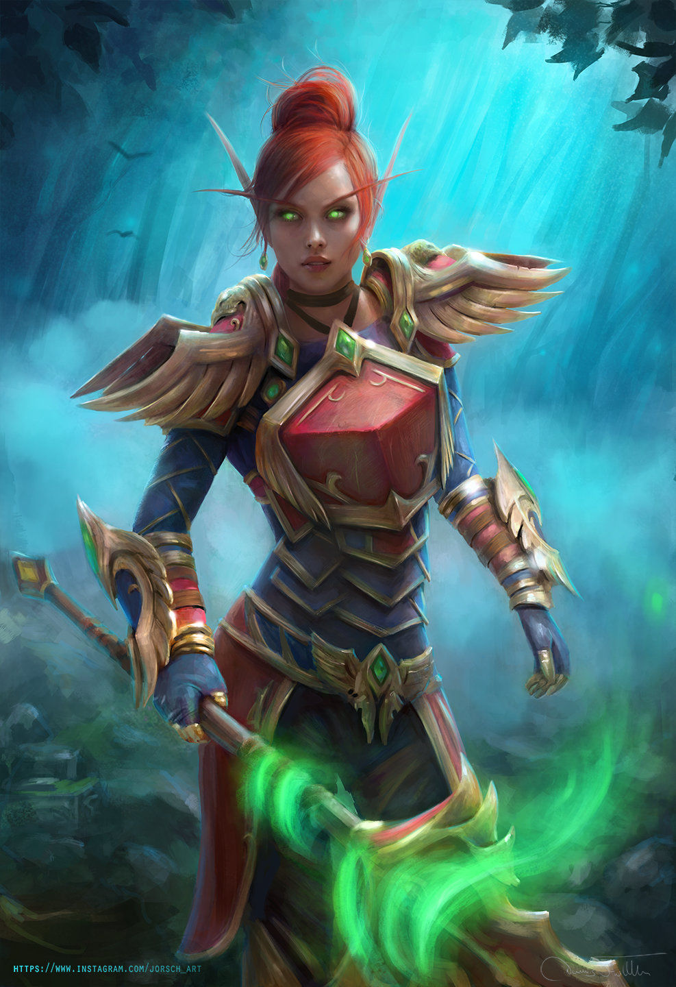 Blood Elf Warrior with Green Eyes and Staff in Forest HD Phone Wallpaper