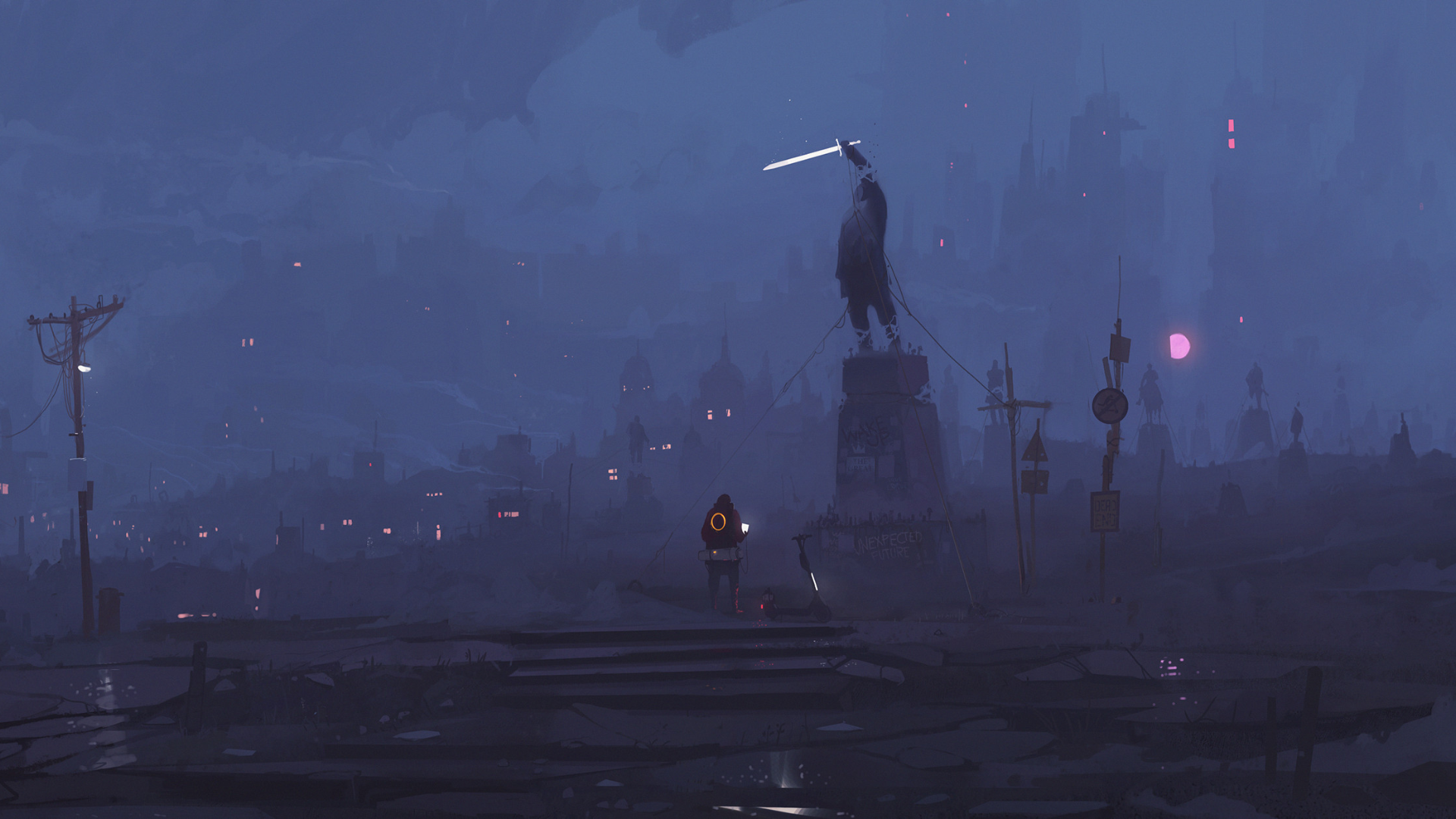 Artwork by Ismail Inceoglu featuring a statue and a person HD Wallpaper