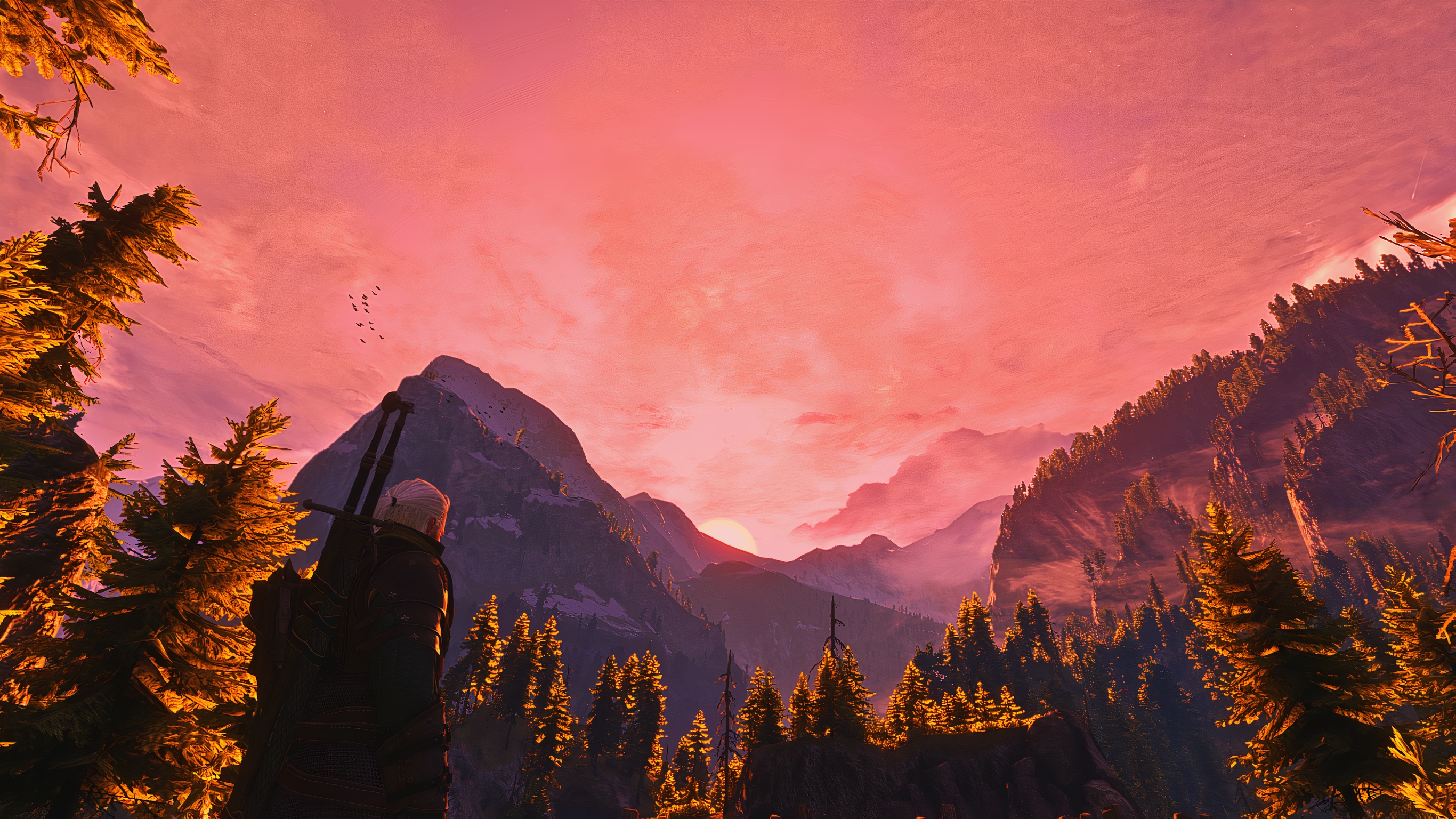 Geralt of Rivia in a mountain landscape at sunset HD Wallpaper