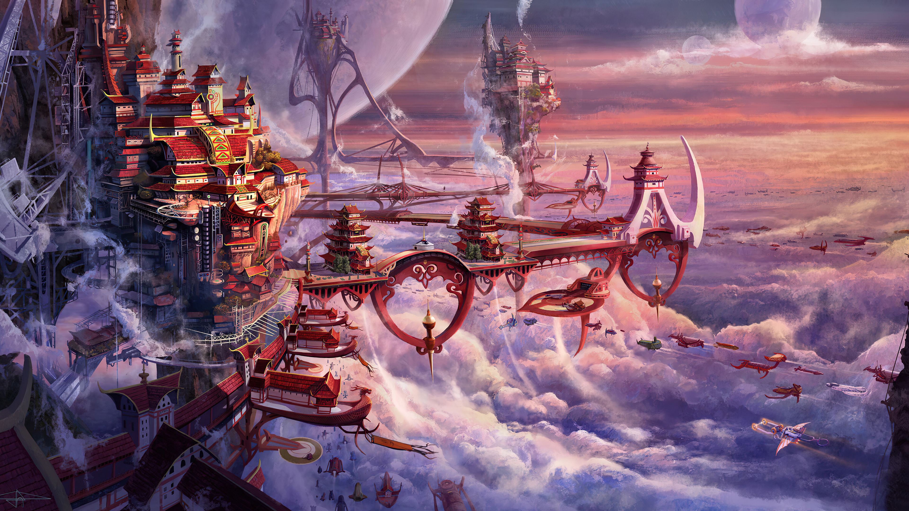 Fantasy city with Asian architecture in the clouds HD Wallpaper