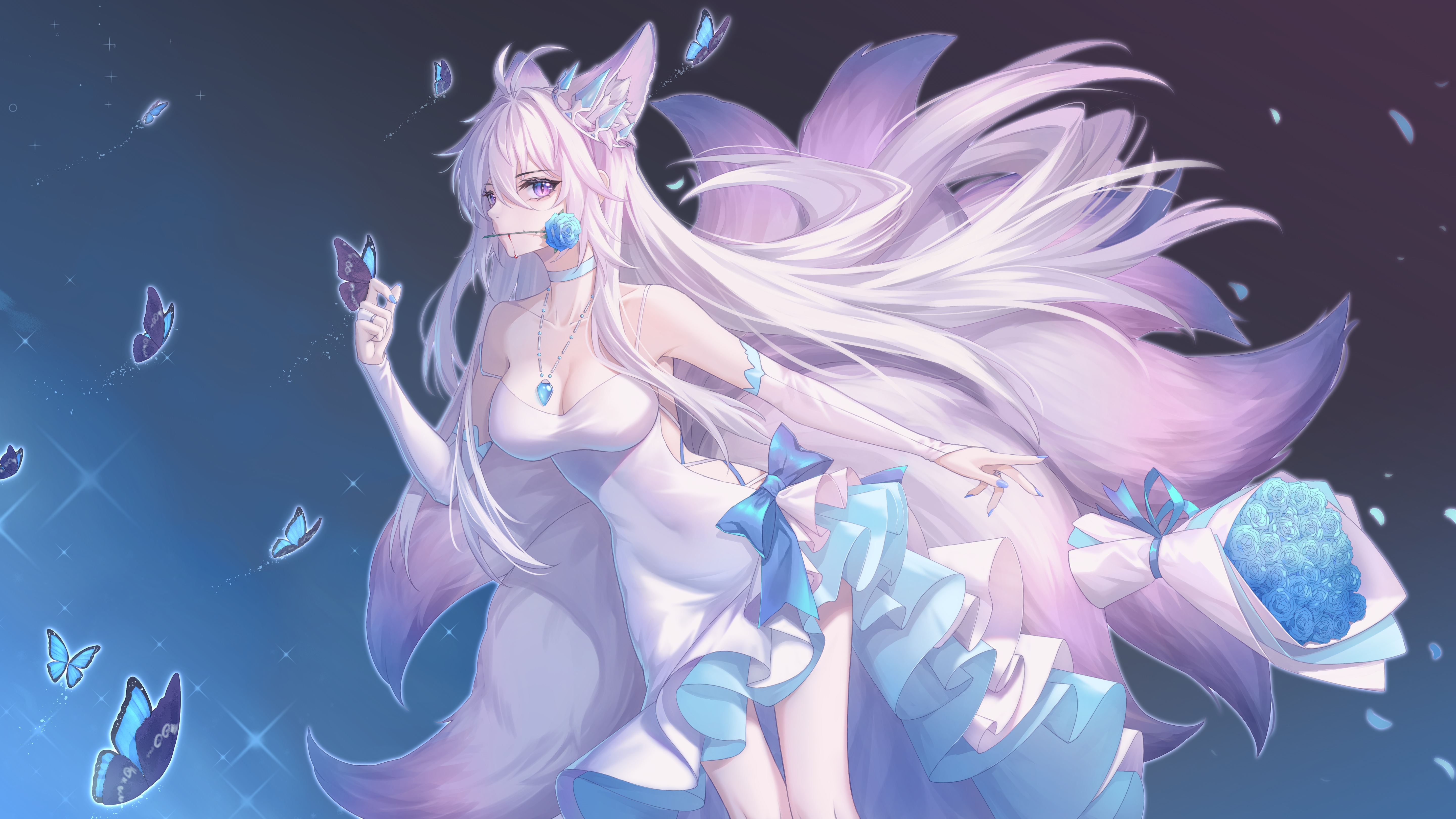 4K Fox Girl with Blue Butterflies and Flowers HD Wallpaper