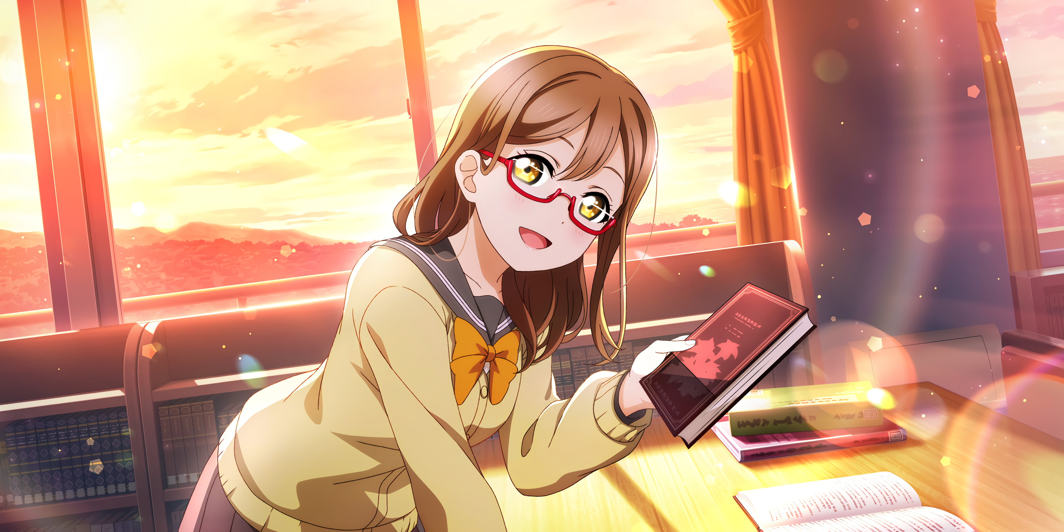 Kunikida Hanamaru with books in a library at sunset HD Wallpaper