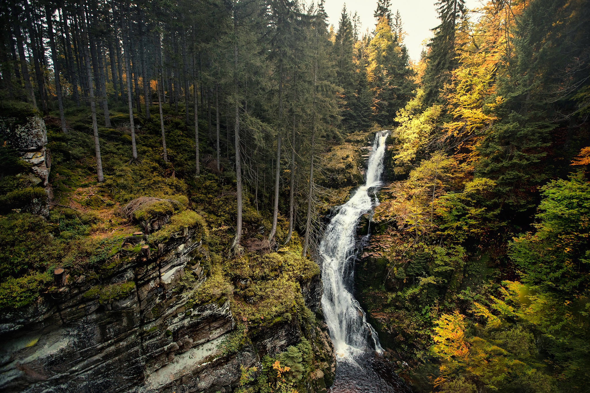 Waterfall Cascading Through A Dense Forest In Autumn Hd Wallpaper ...