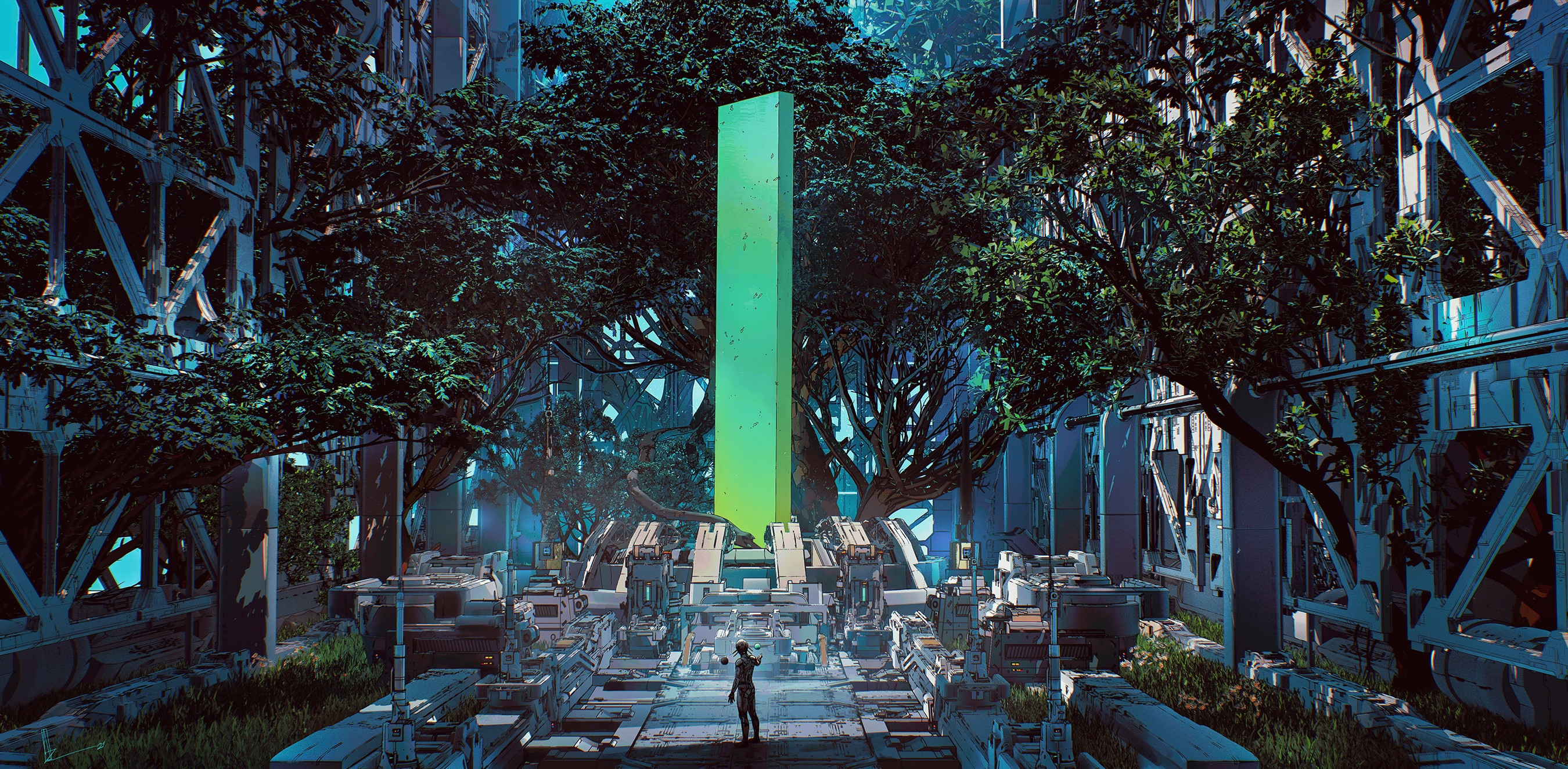 A lone figure stands before a glowing green Monolith in a sci-fi forest HD Wallpaper