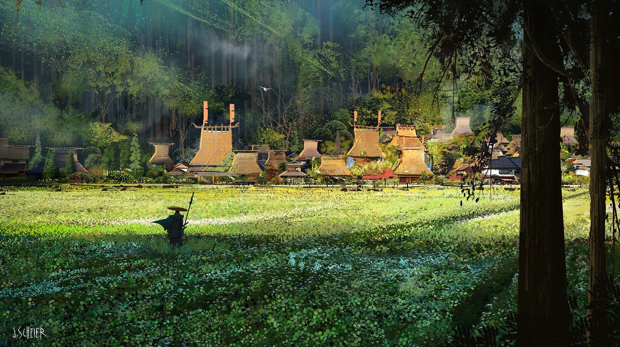 A lone figure walks through a field towards a village in the forest. HD Wallpaper