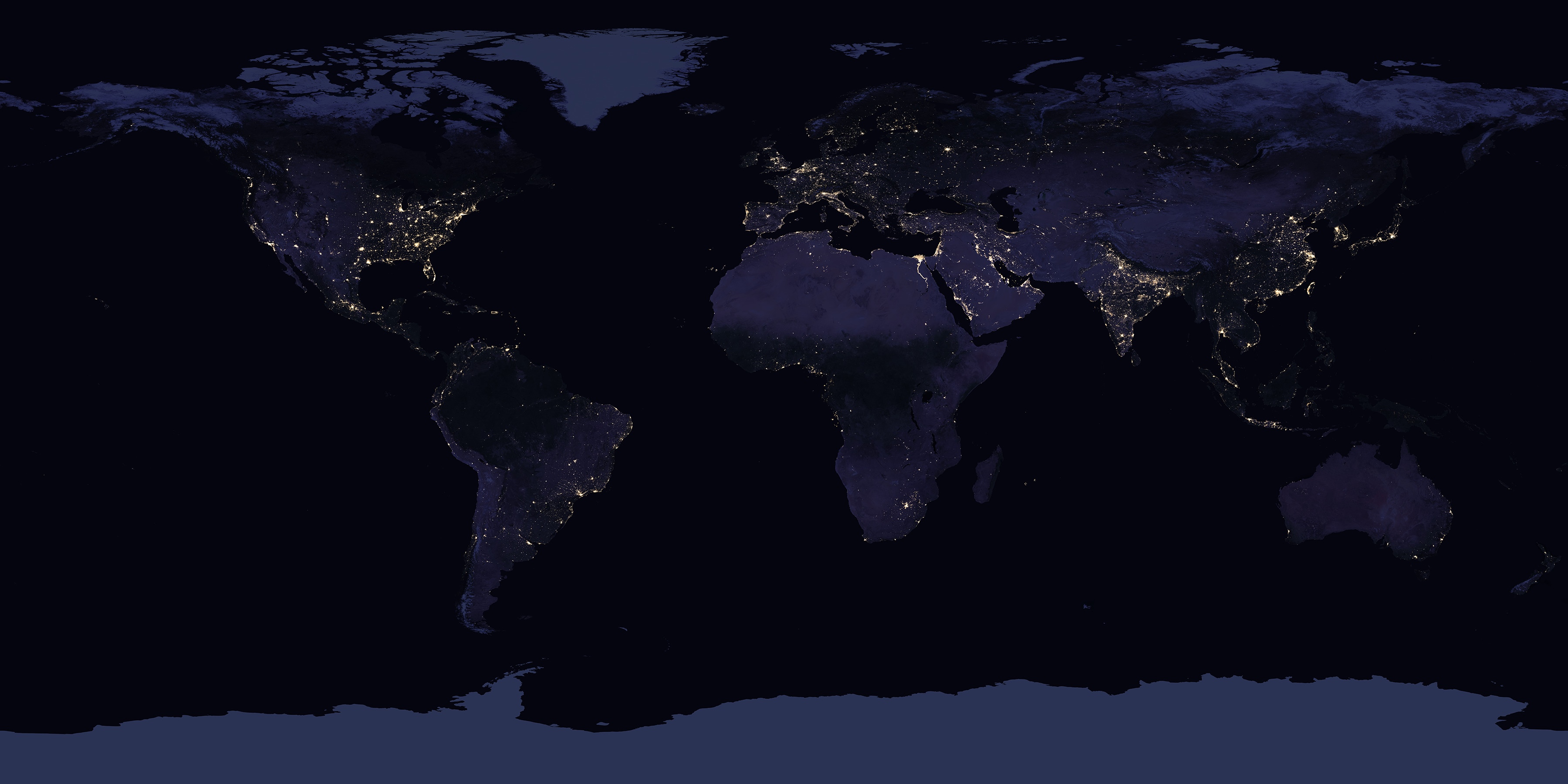 World map at night showing city lights HD Wallpaper