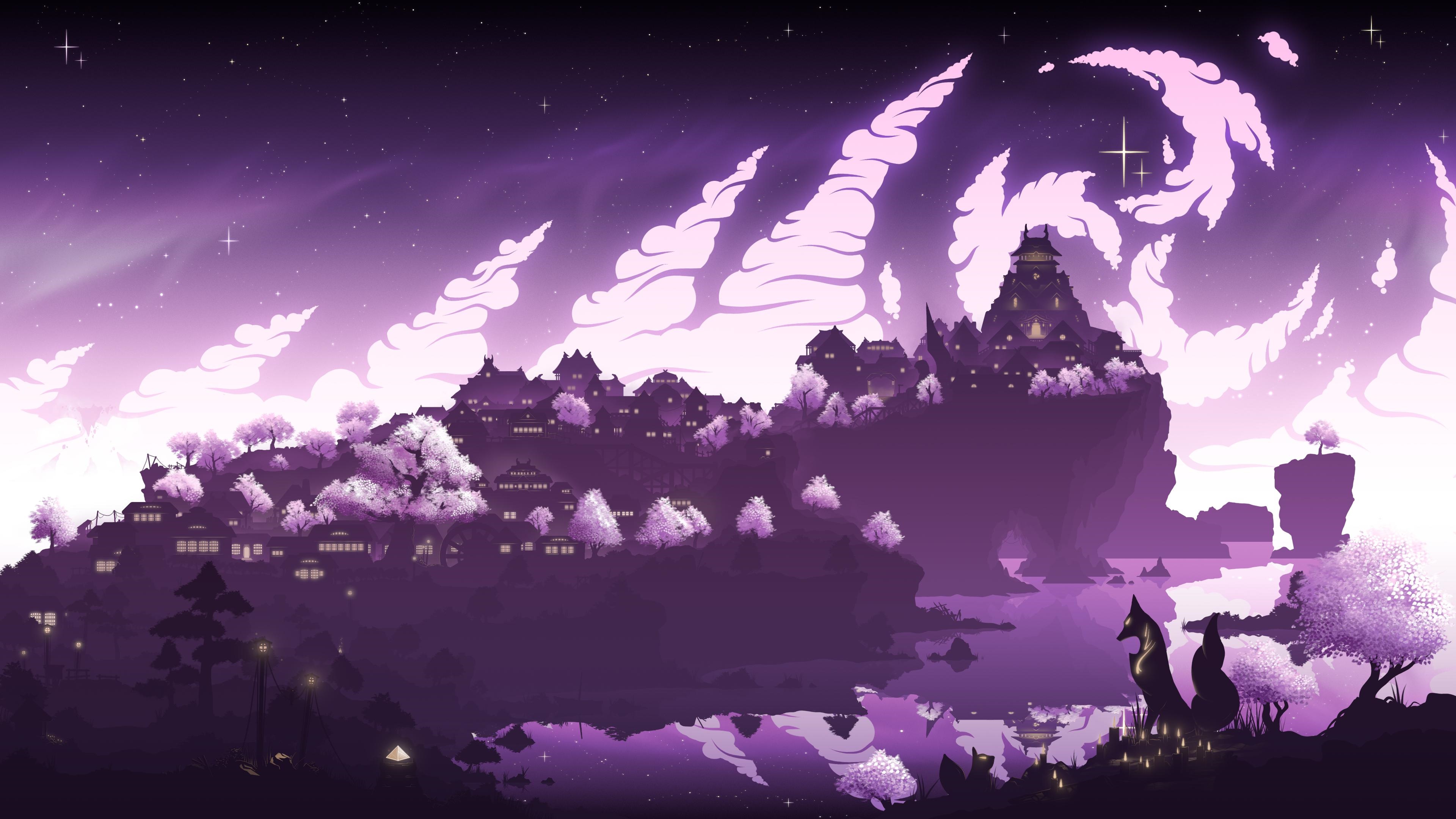 Fantasy City with Cherry Blossoms and Foxes HD Wallpaper