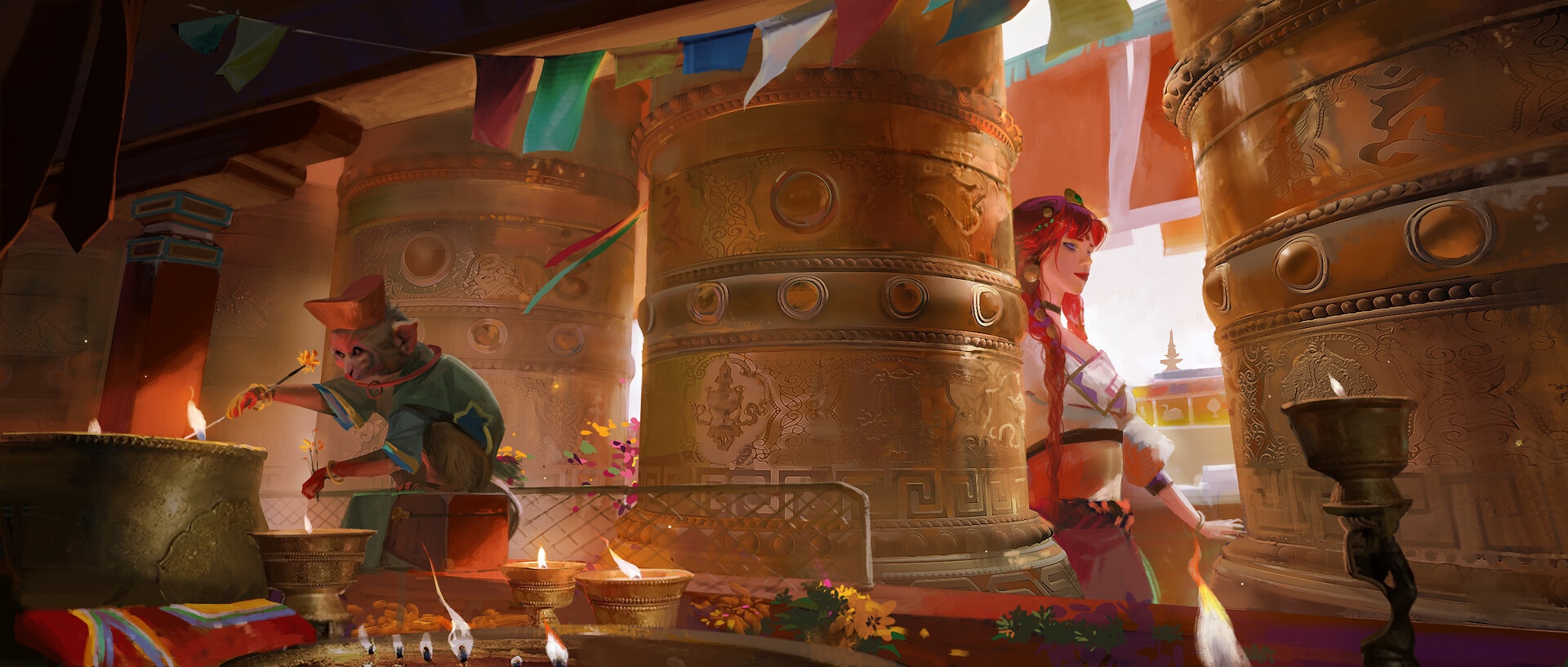 Fantasy girl and ape in a temple with prayer wheels HD Wallpaper